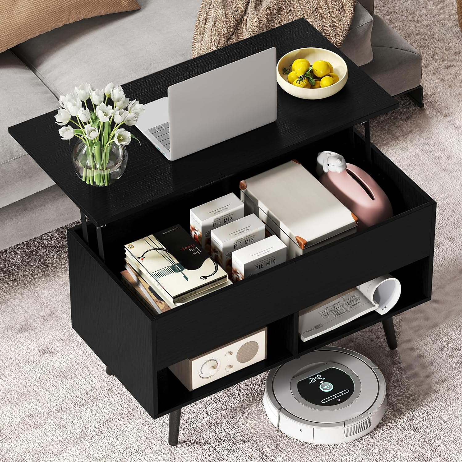Giantex Lift Top Coffee Table, Wooden Lift Top Dining Table W/Hidden Storage Compartment & 2 Storage Shelves, Raisable Top Coffee Table for Living Room, Study, Office, Meeting Room (Black) - Coffee image number 5