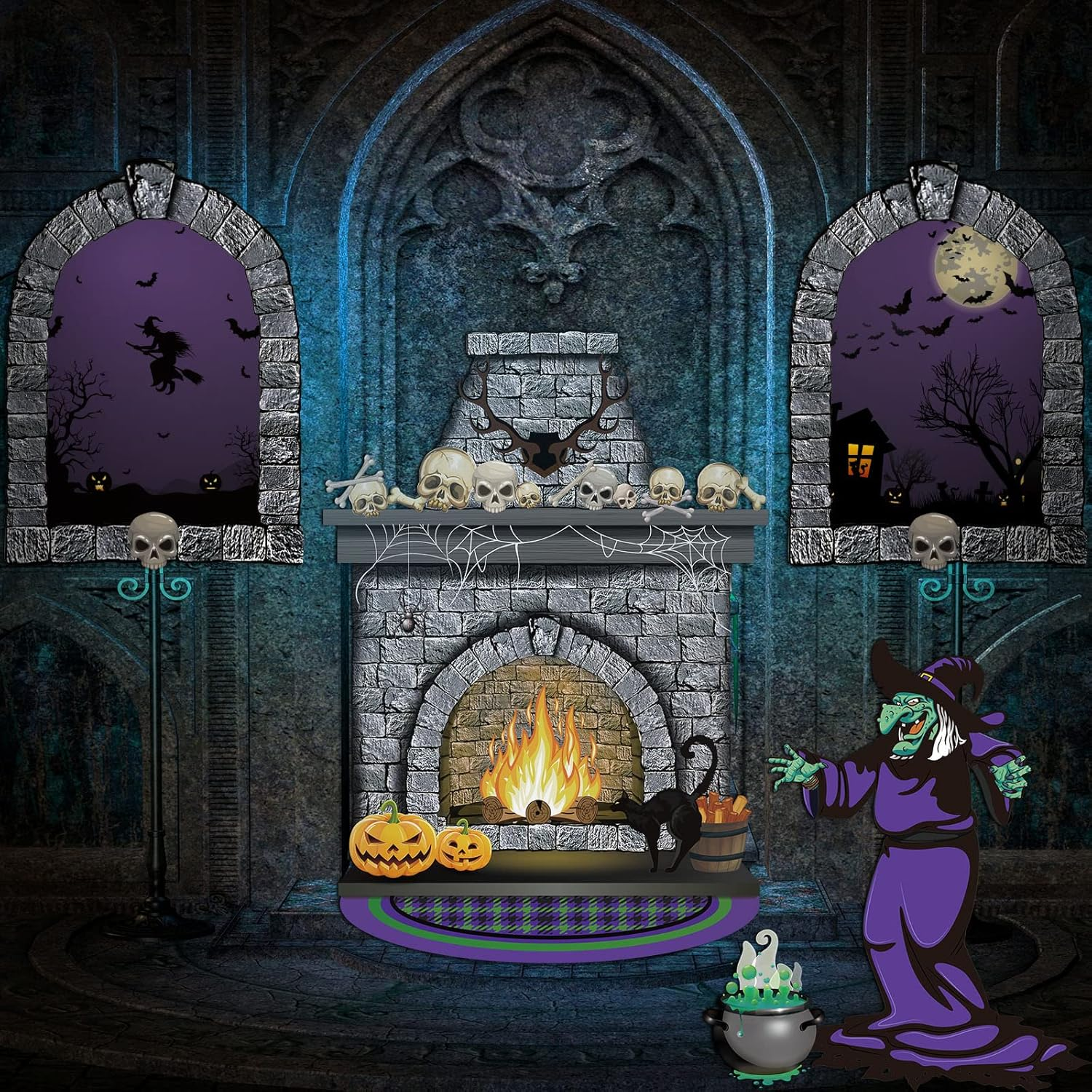 5 Pcs Halloween Scene Setter Night Window Skull Fireplace Witch Bubbling Cauldron Background Backdrop Decor Cloth Booth Medicine Stove for Home Decor image number 6