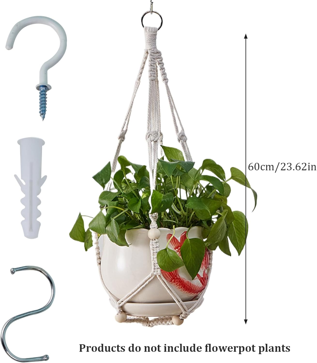 Macrame Plant Hanger Hanging Plant Holder with Wooden Bead 24In Ventilated Woven Decorative DIY Plant Hanger Home Balcony Gardening Supplies, No Planter No Plant, Small-