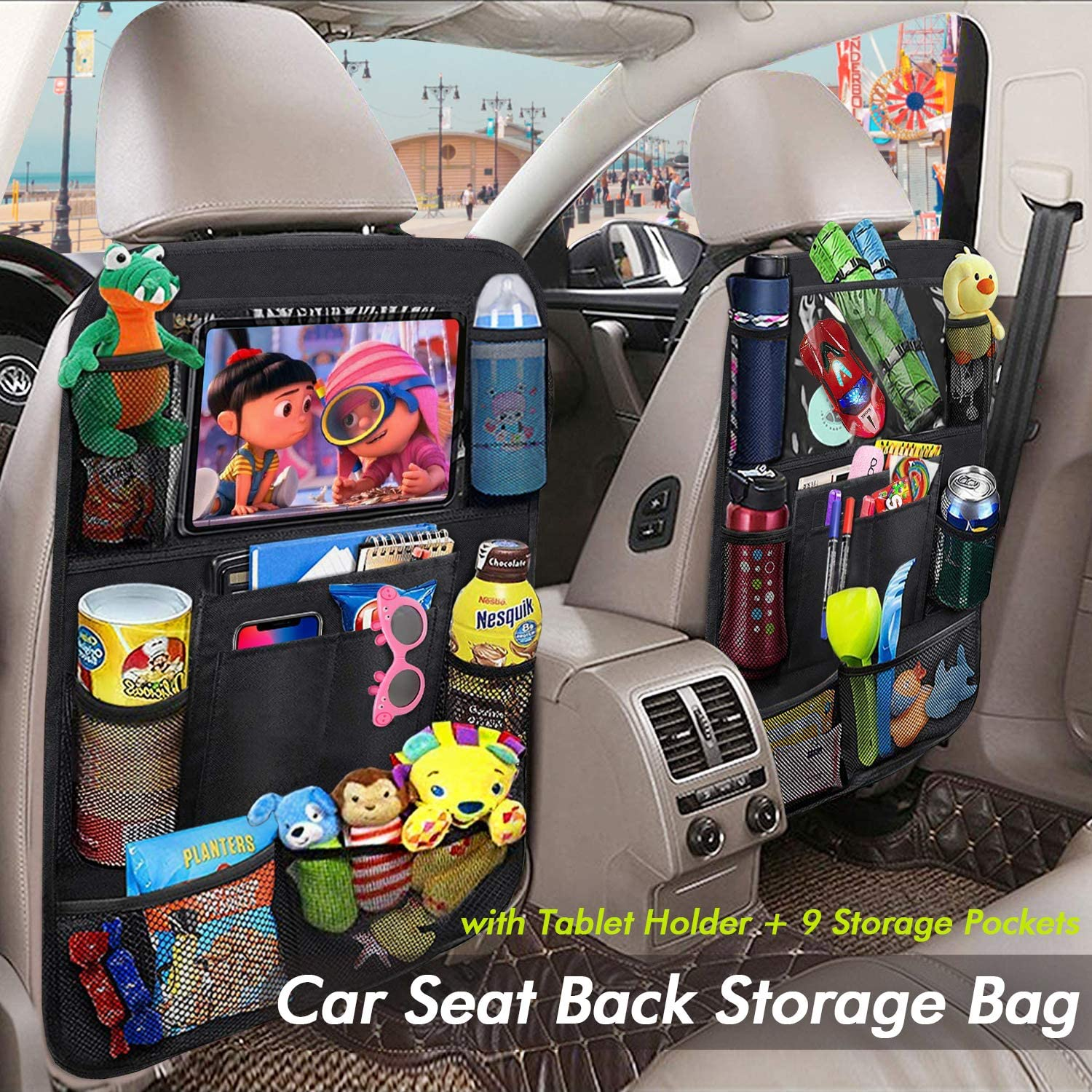 Beauty Nymph Backseat Car Organizer Kick Mats Back Seat Storage Bag with Ipad Touch Screen Tablet Holder and 9 Storage Pockets for for Toys Drinks Book (2 Pack) image number 6