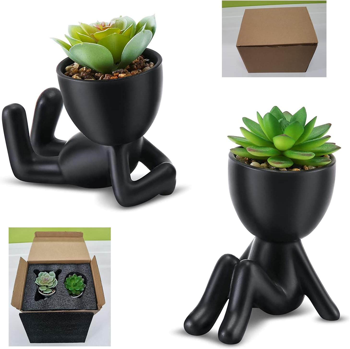 Paifeancodill Fake Plants Pot with Succulent Plants, 2 Pcs Fake Succulent with Black Human Shaped Ceramic Pots, Ceramic Flower Pot Planter (Black A)
