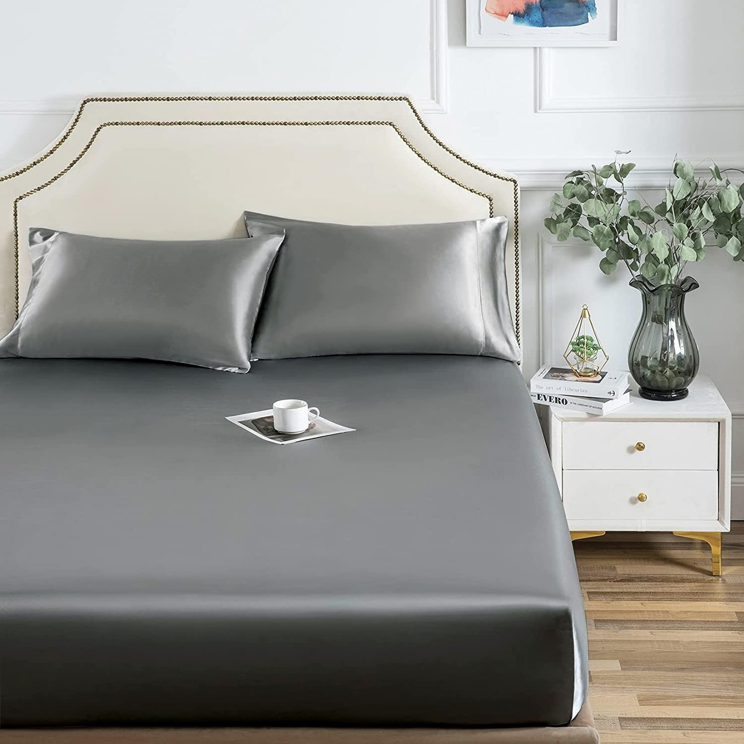 Forzzz Satin Sheets Double Size Silky Soft Satin Bed Sheets,Au Size White Satin Sheet Set, 1 Deep Pocket Fitted Sheet + 2 Pillowcases(Double,Black)