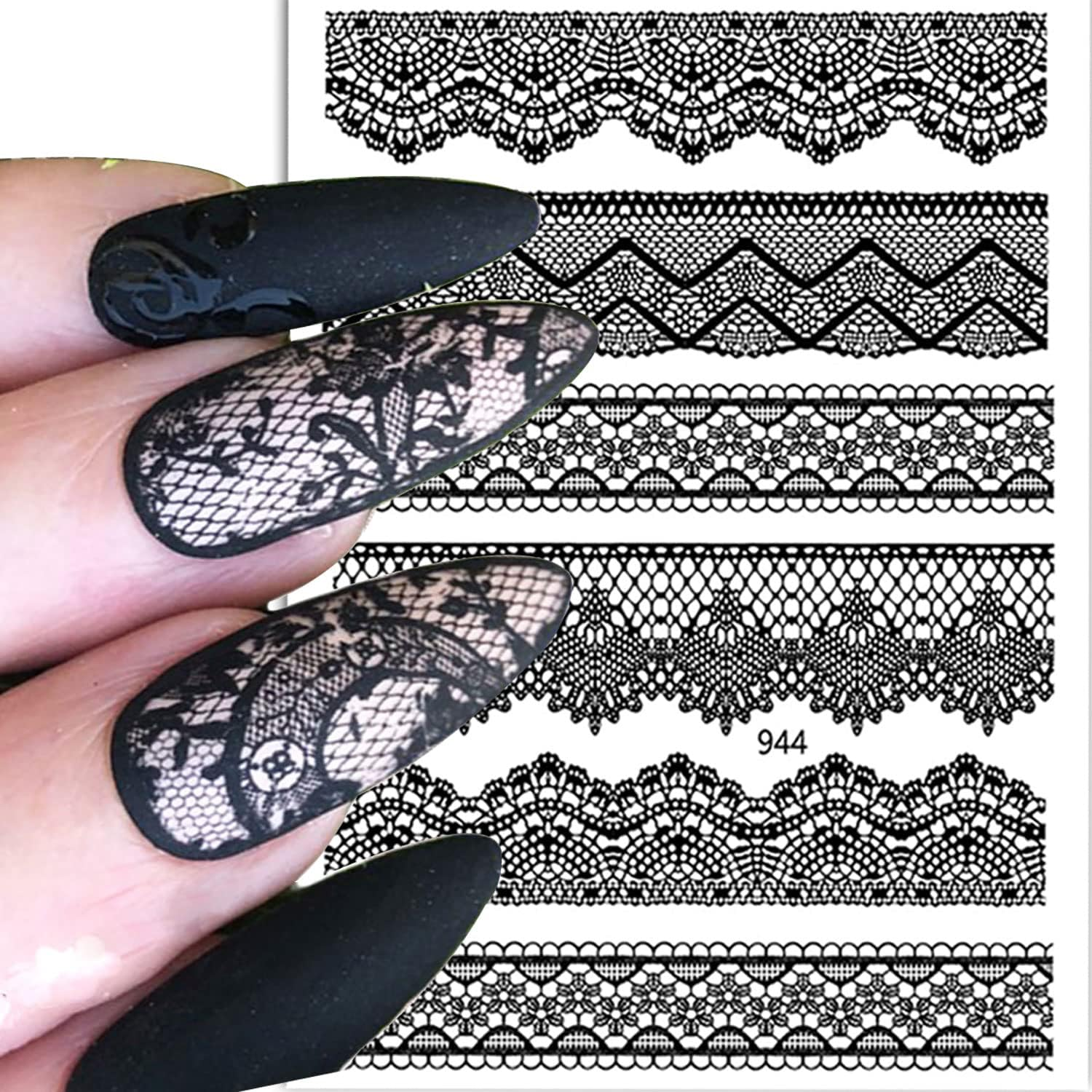 Black Lace 3D Nail Art Sticker Decal - Dots Flower Self-Adhesive Design for Acrylic Decoration - Women'S Manicure Decor - 6 Sheets