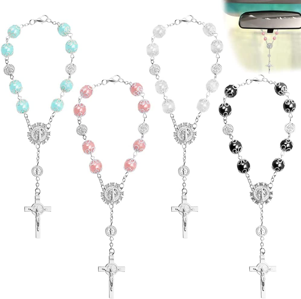 4 Pcs Rosary Beads Catholic, Finegood Cross Car Mirror Hanging Accessories Blessing Auto Rear View Mirror Pendant Car Decor Interior