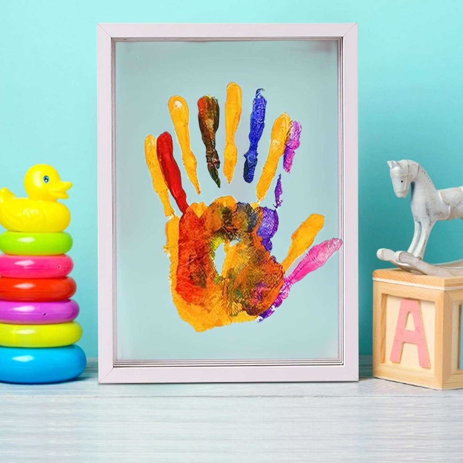 Family Handprint Art - Craft Keepsake Wooden Frame - Home Decor for New and Expecting Parents, Includes 6 Paint Colors and 4 Transparent Sheets image number 3