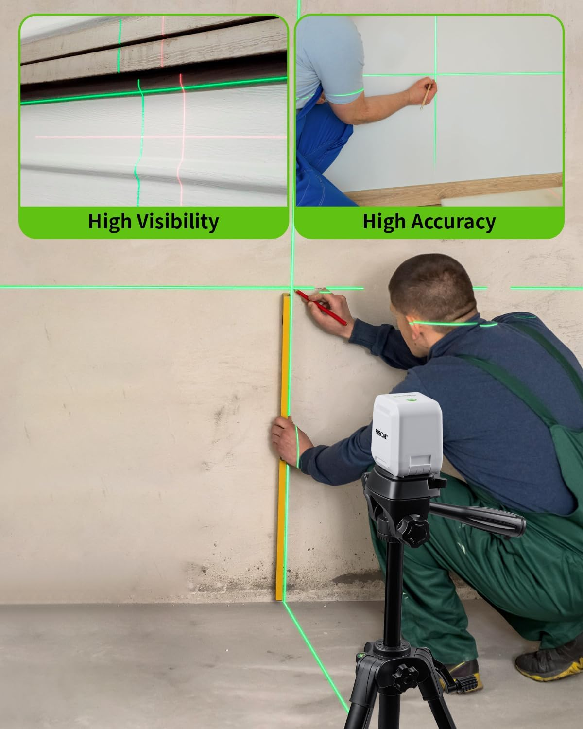 Firecore Laser Level with Tripod, Self Leveling Laser Level Green Cross Line Laser Leveler Tool for Picture Hanging Wall Tile Home Renovation Indoor Projects, Carry Pouch and Battery Included image number 6