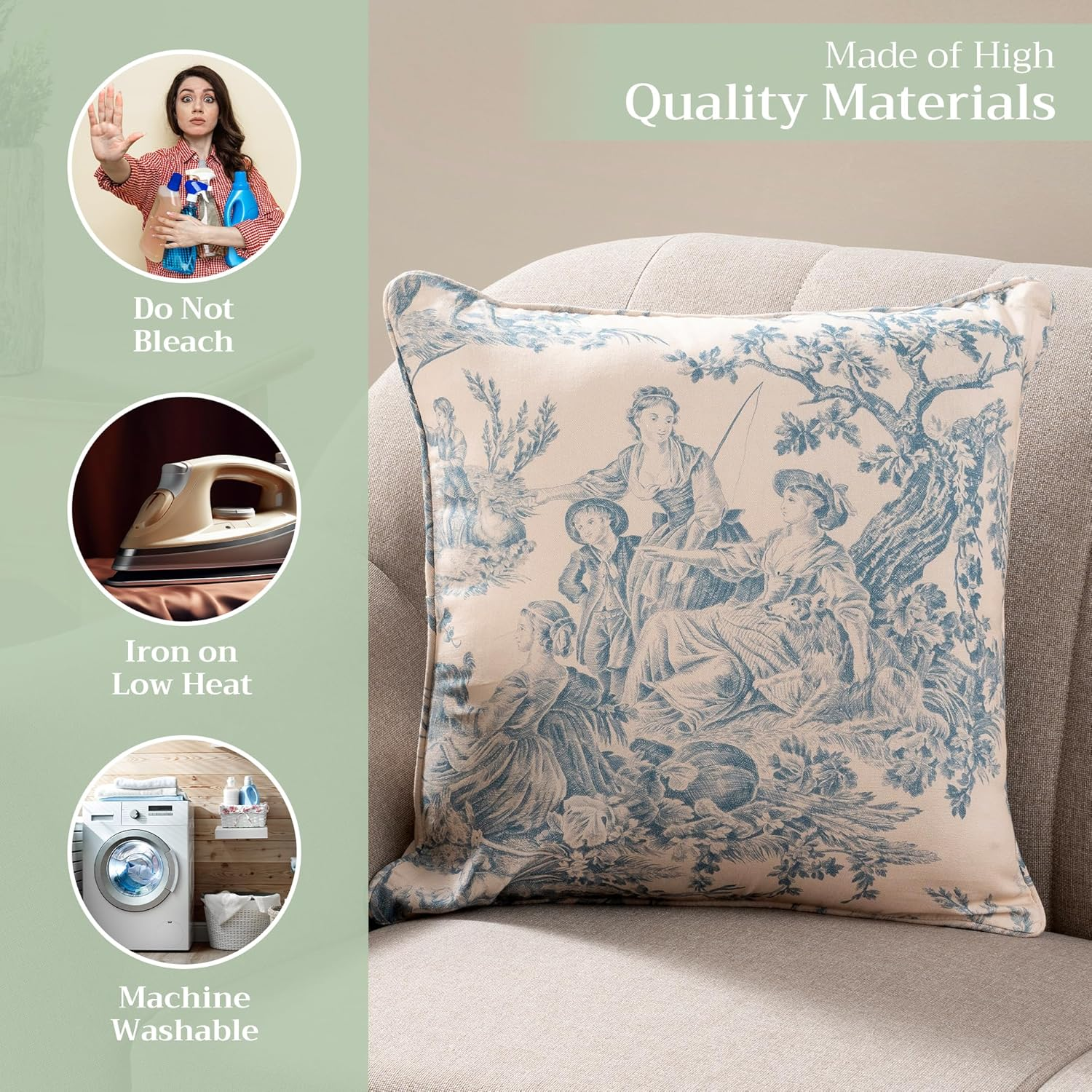 Maison D' Hermine Decorative Cushion Cover 100% Cotton 20"X20" Throw Couch Cover Washable Square Pillowcases with Invisible Zipper for Sofa, Couch, Bedroom, the Miller - Blue - Spring/Summer image number 2