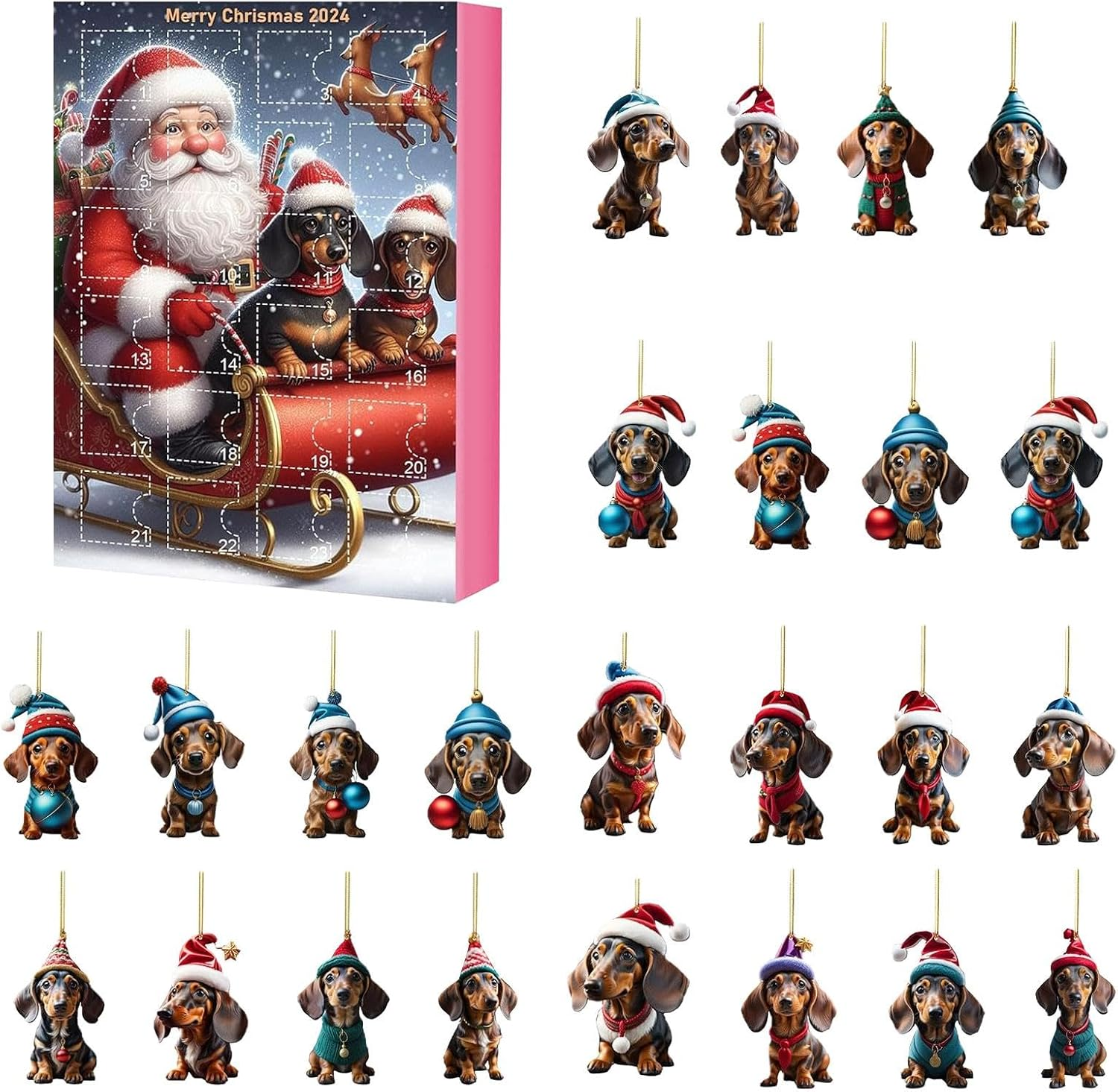 Dachshund Advent Calendar 2024, Funny Dog Christmas Countdown Calendar 2024, 24 Days Christmas Advent Calendar with Dachshund Ornament, Christmas Collectible Cute Dog Set for Kids Adults
