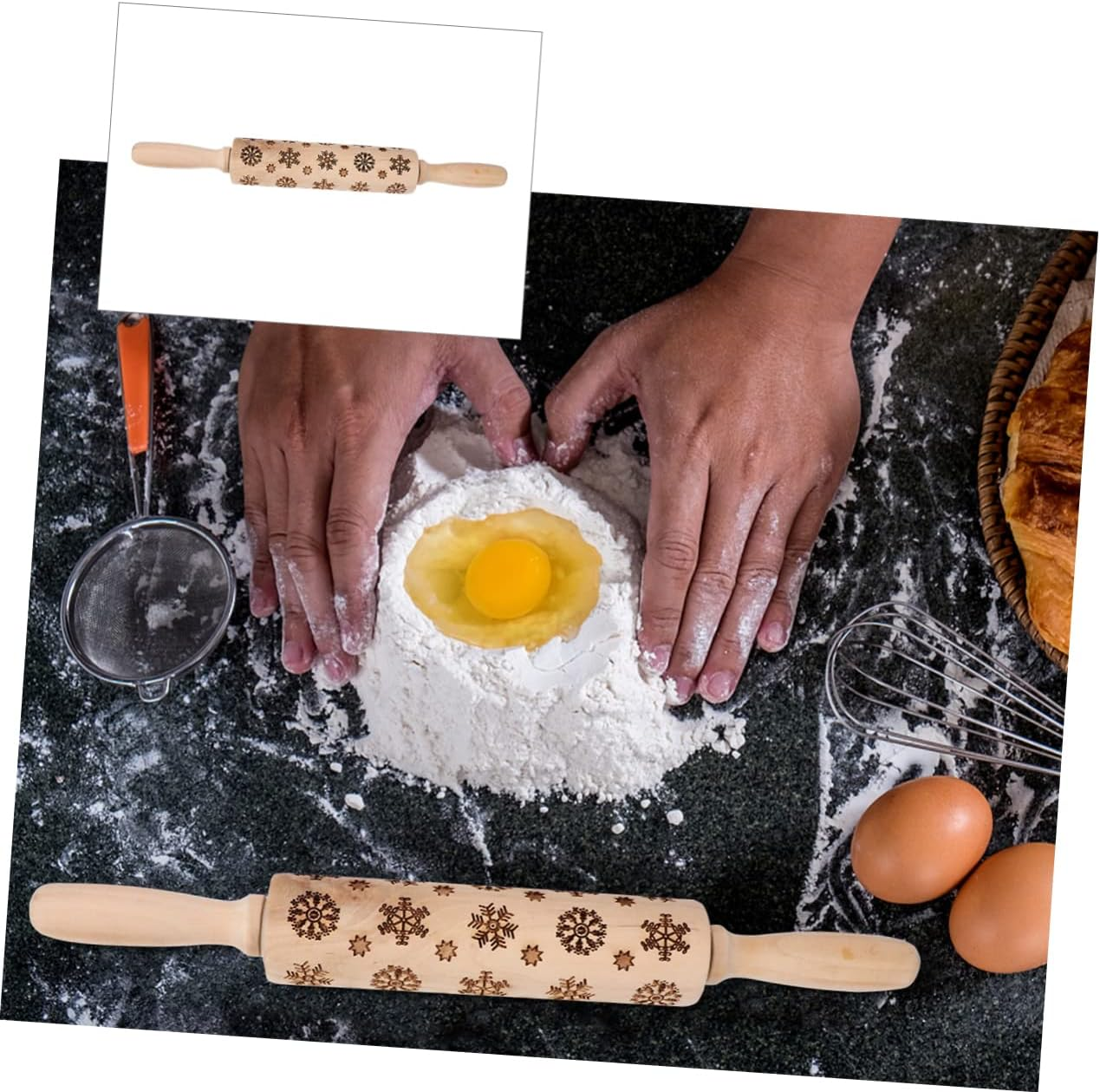 Wooden Snowflake Embossed Rolling Pin Christmas Pastry Roller Non-Slip Handle Baking Rolling Pins for Christmas Baking image number 1