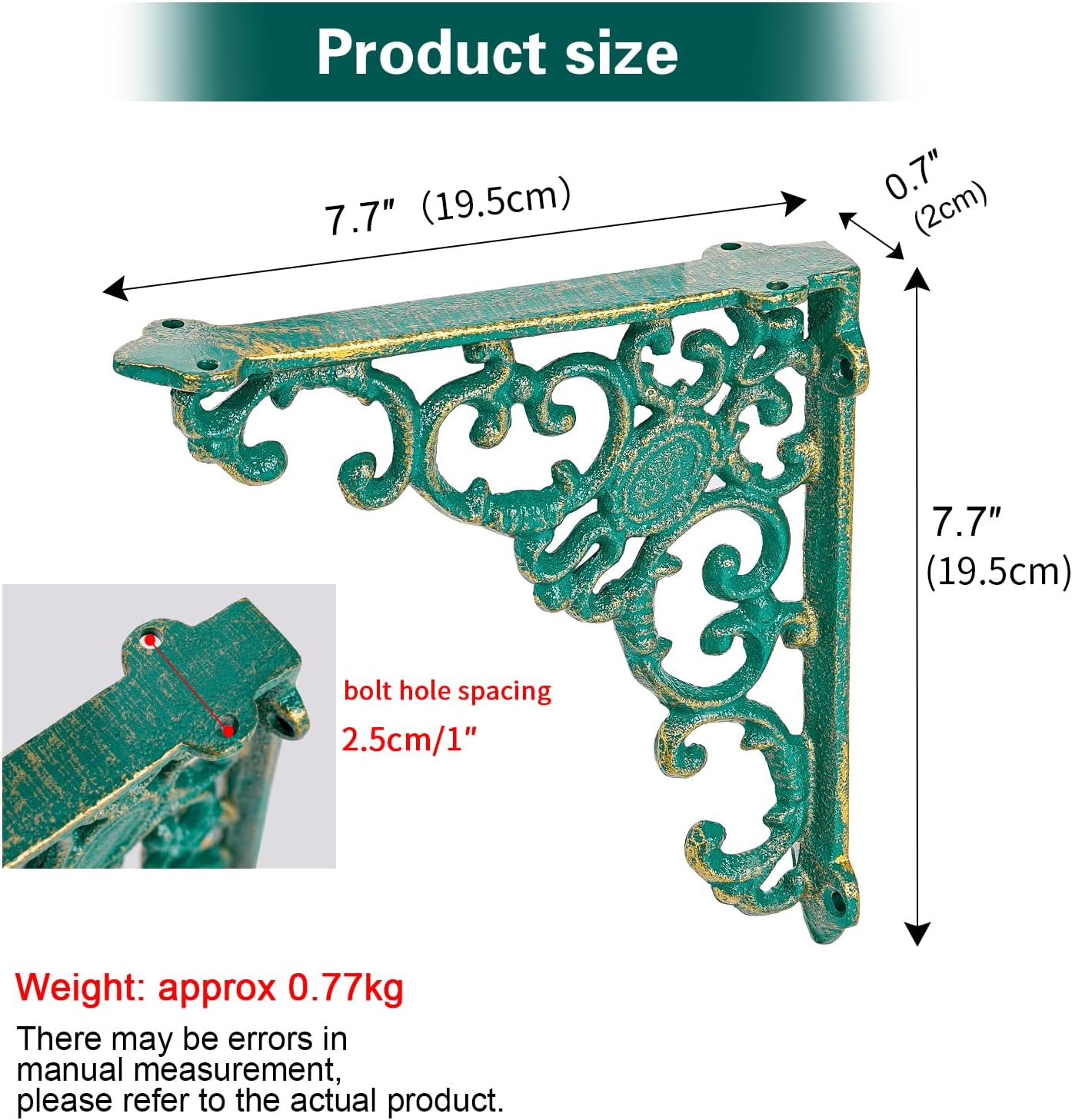 Sungmor Vintage Cast Iron Shelf Brackets - Ornate Decorative Corner Shelf Supports, 2 Pack Garden Wall Hanging Bracket - 7.7 Inch Rustic Green Metal Corbels with Scroll Design, Indoor Outdoor Use image number 4