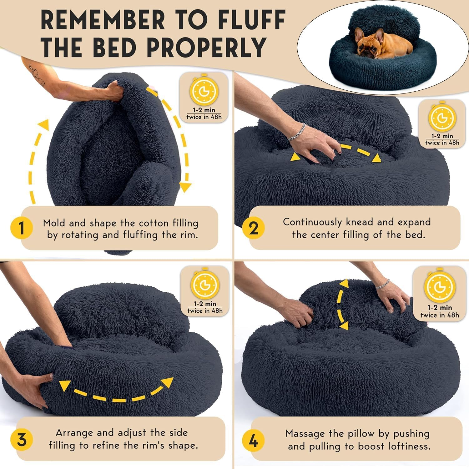 Calming Dog Bed - Donut Dog Beds for Small, Medium, Large Dogs, Washable round Dog Bed- Fluffy Plush Faux Fur Pet Bed, Anti-Anxiety Puppy Bed, 90Cm Fits up to 45Kg Pets (Dark Gray, S-60CM) - Beige image number 4