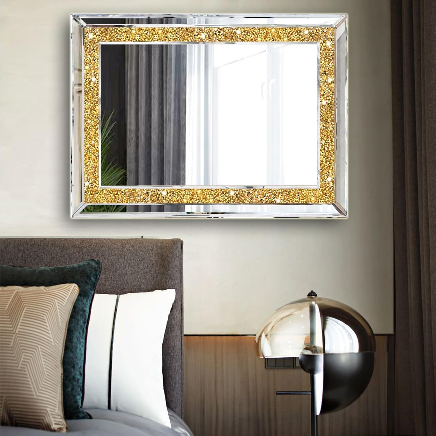 XIHACTY 2 Piece Wall Mirrors, Crush Diamond Mirrors Wall Decor, Gold Color Decorative Mirrors for Living Room Decor, Bedroom, Bathroom. (11&rdquo;X15&rdquo;)