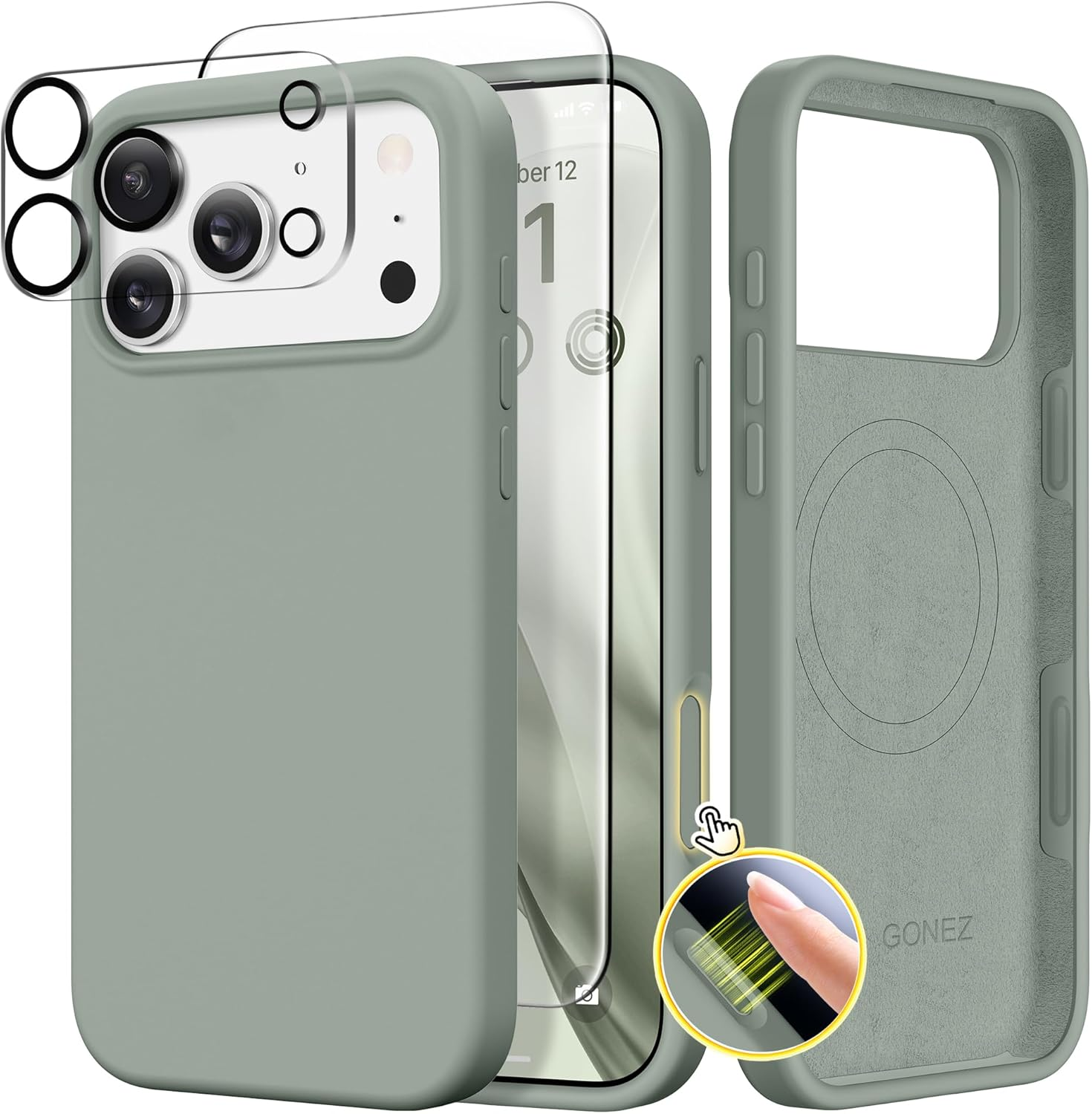 GONEZ Magnetic Iphone 17 Pro Case, Compatible with Magsafe, [Screen Protector + Camera Lens Protector], Anti-Scratch Shockproof Protective Cover for Mobile Phones, 6.3 Inch, Calke Green