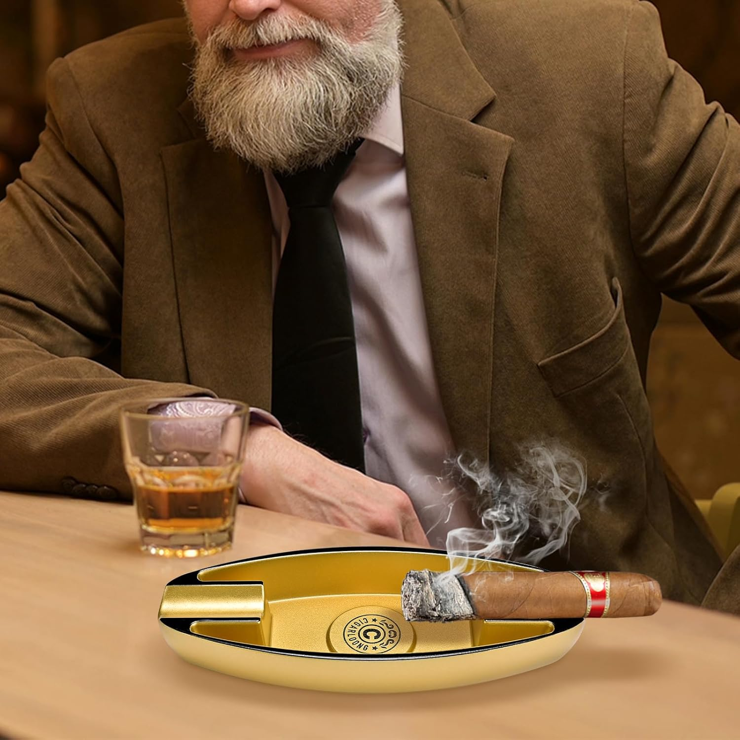 Outdoor Cigar Ashtray, Resin Ashtray, Portable Cigar Ashtray with 2 Holders for Home, Patio, Travel Use (Gold),1 Piece image number 6
