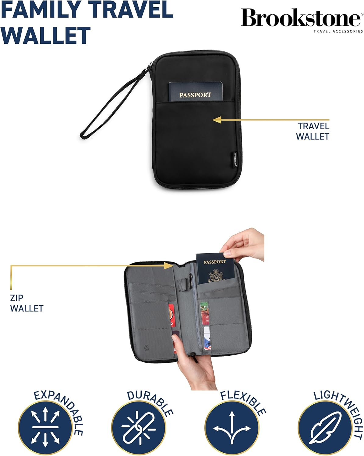 Brookstone Passport Holder - Durable Family Travel Document Wallet Organizer Essentials with Rfid-Blocking and Wristlet Strap, Black, One Size image number 3