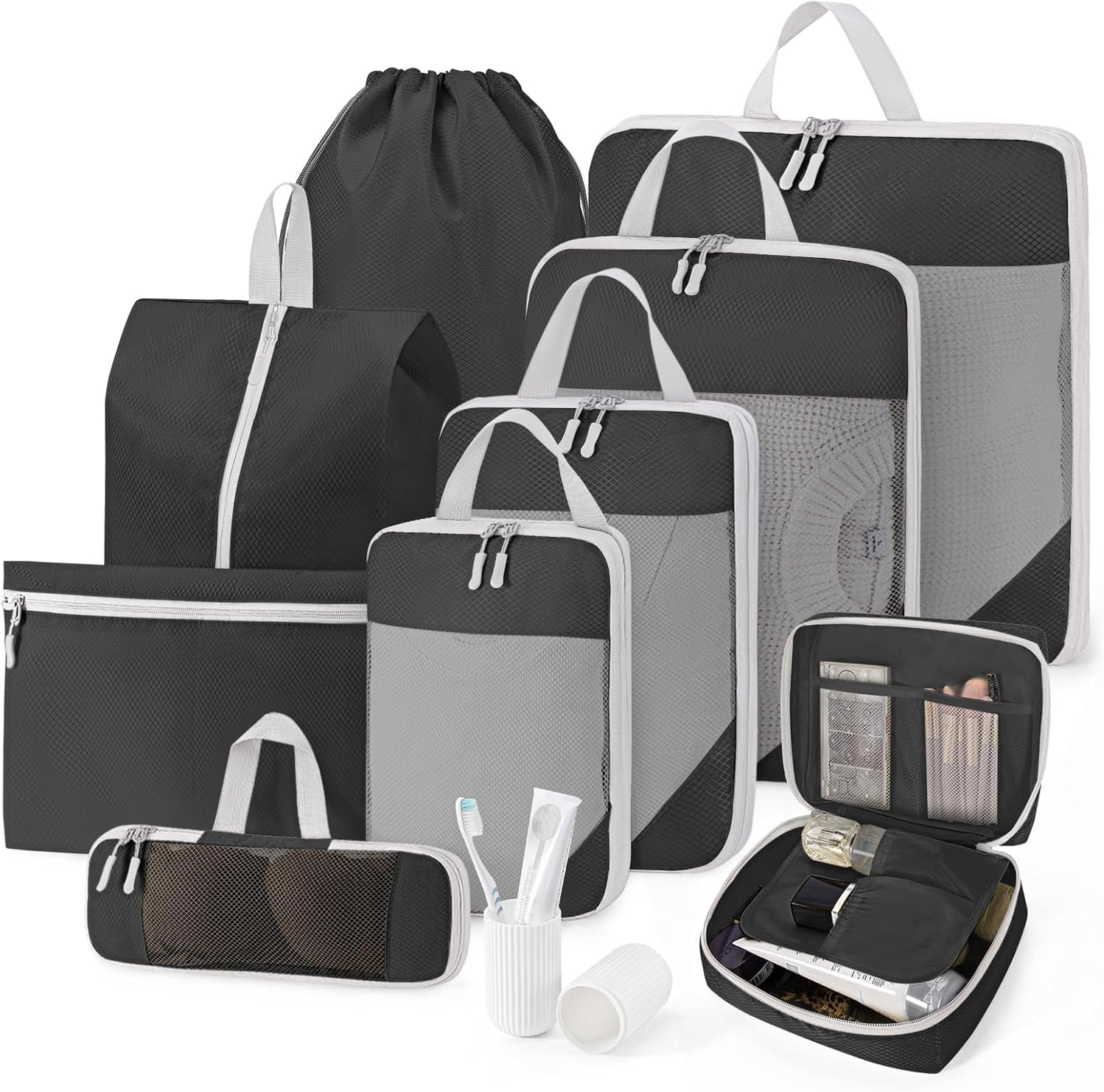 Compression Packing Cubes for Carry on Suitcases, 10 Set Compressible Packing Cubes for Travel Essentials, Collapsible Expandable Storage Organizer Bags for Luggage Backpack, Black