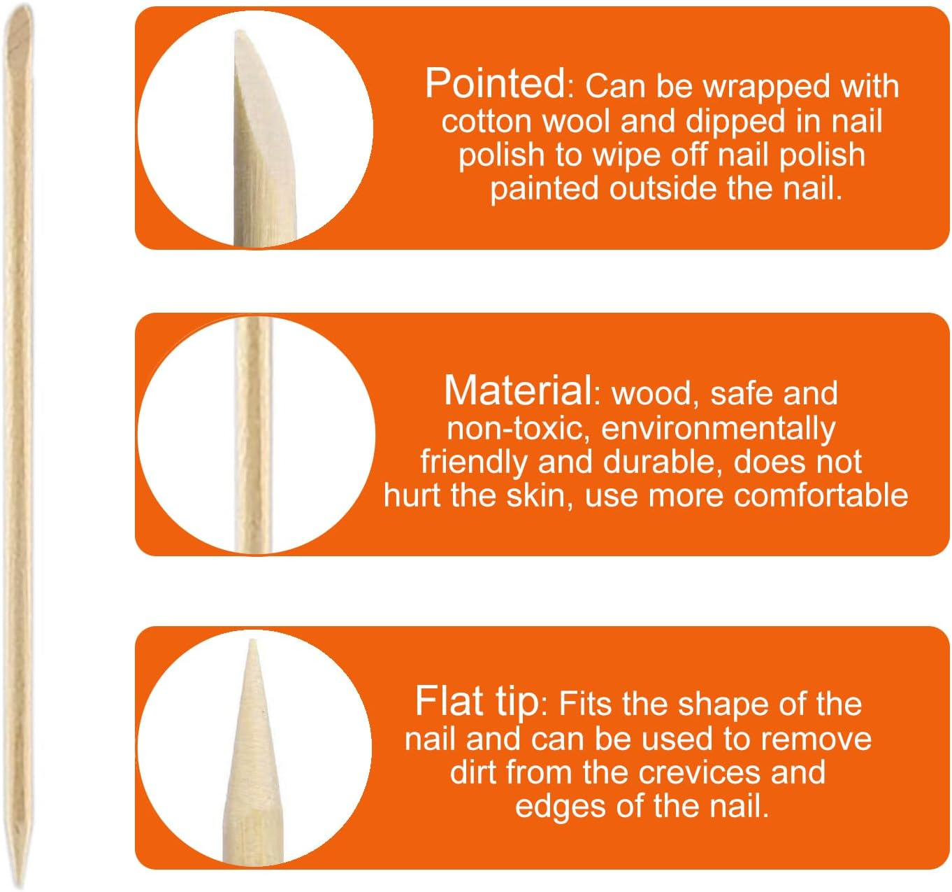Nail Orange Sticks, Wooden Sticks, for Double Heads Multi Functional Cuticle Pusher Remover Nail Cleaning (200Pcs)