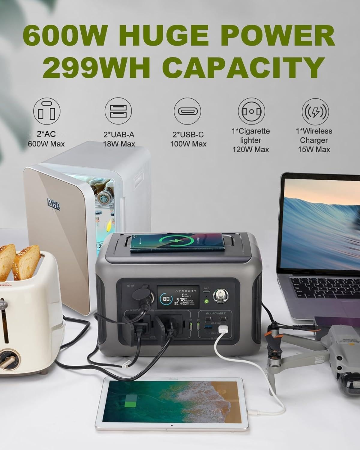 ALLPOWERS Portable Power Station R600 and 200W Solar Panel, 299Wh Solar Generator W/ 2 * 600W AC Outlets, 1 Hour Fast Charging, Lifepo4 UPS Power Supply Backup for Emergency Camping RV Home Use image number 1