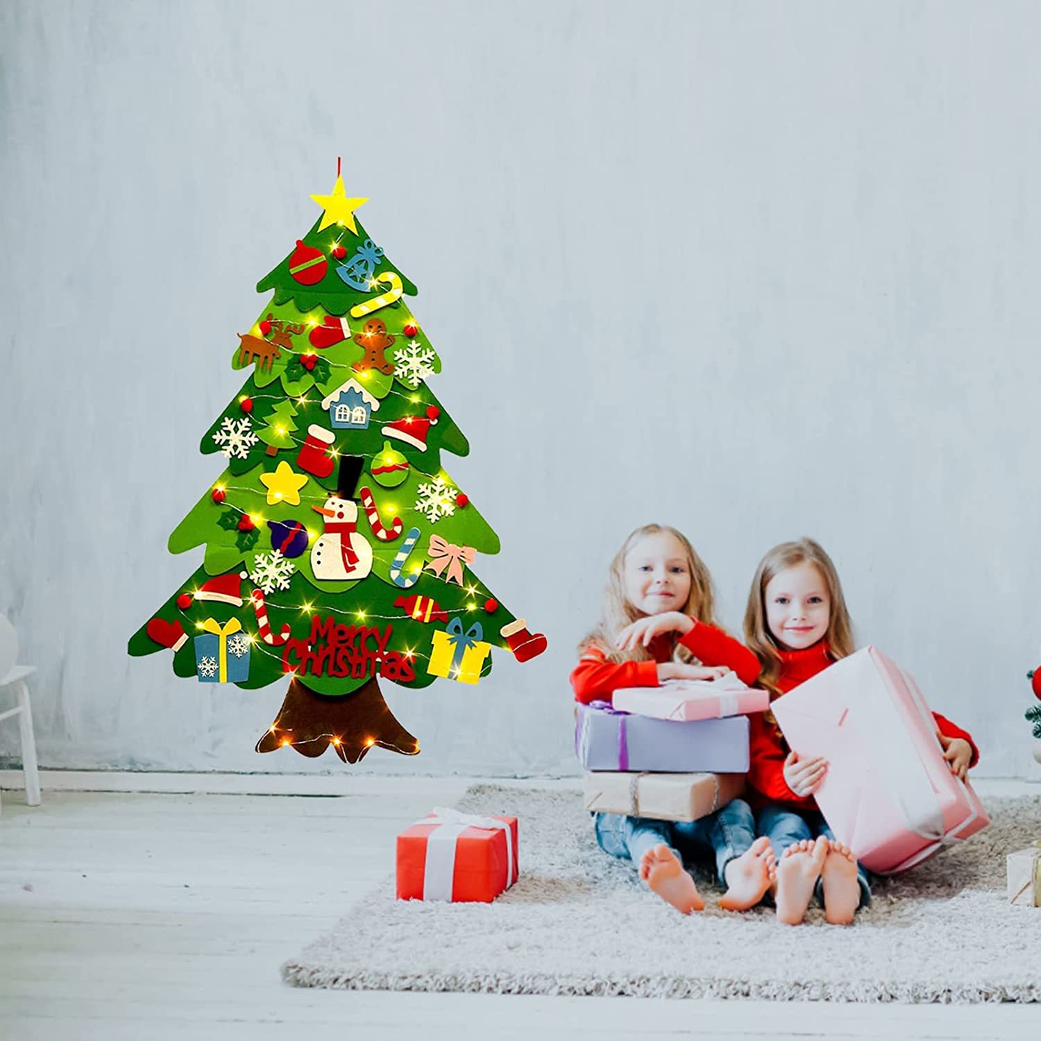 DIY Lighted Felt Christmas Tree Set Xmas Decorations Wall Hanging 32 Ornaments Kids Gift with String Light (Batteries Not Included) image number 6