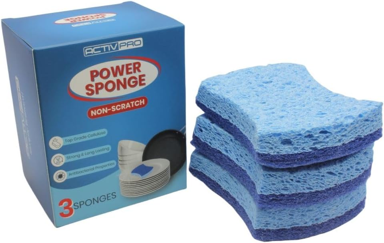 Power Sponge, Non-Scratch, Top Grade Cellulose, Washing up Sponge, Kitchen Sponge, Dishwashing, Scourer, Sink, Oven, Non-Stick Cookware, Long Lasting (Pack of 3)