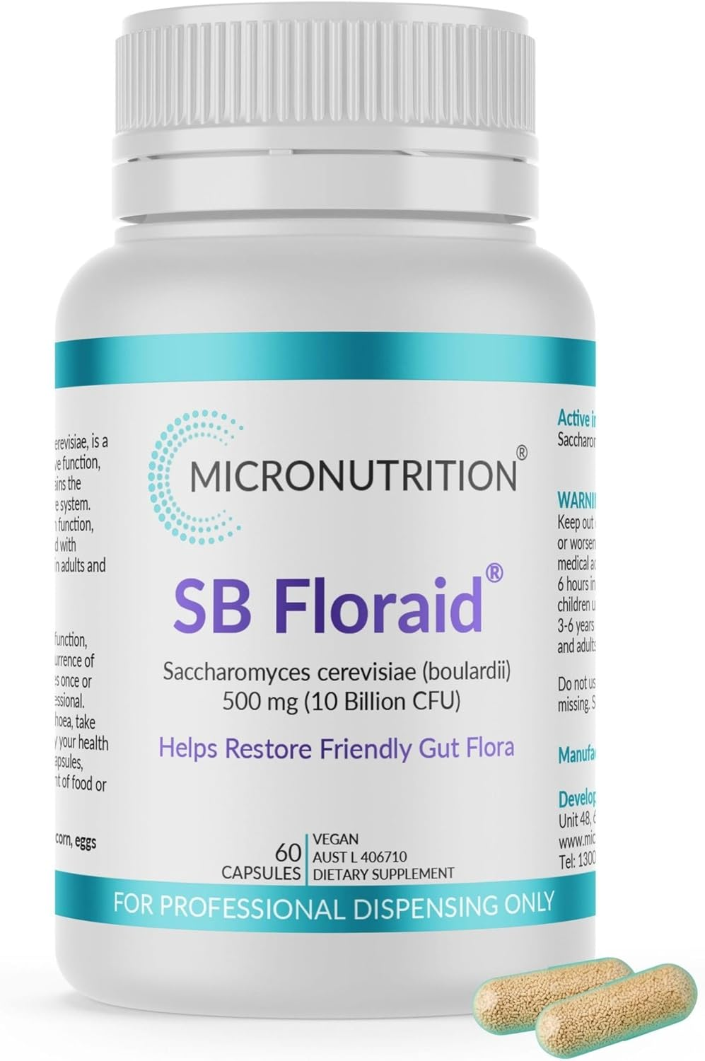 Saccharomyces Cerevisiae (Boulardii) 10 Billion CFU per Serving SB Floraid | Oral Probiotic Yeast Supplement Restores Good Gut Bacteria & Relieves Traveller'S Diarrhoea (60 Veg Caps) - MICRONUTRITION image number 3