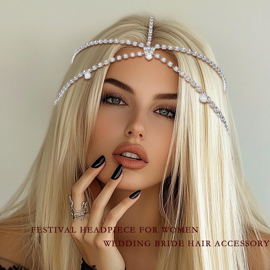 Fdesigner Crystal Head Chain Wedding Headpieces Rhinestone Bride Hair Jewelry Boho Party Teardrop Headband Hair Accessories for Women and Girls (Silver-Boho) image number 6