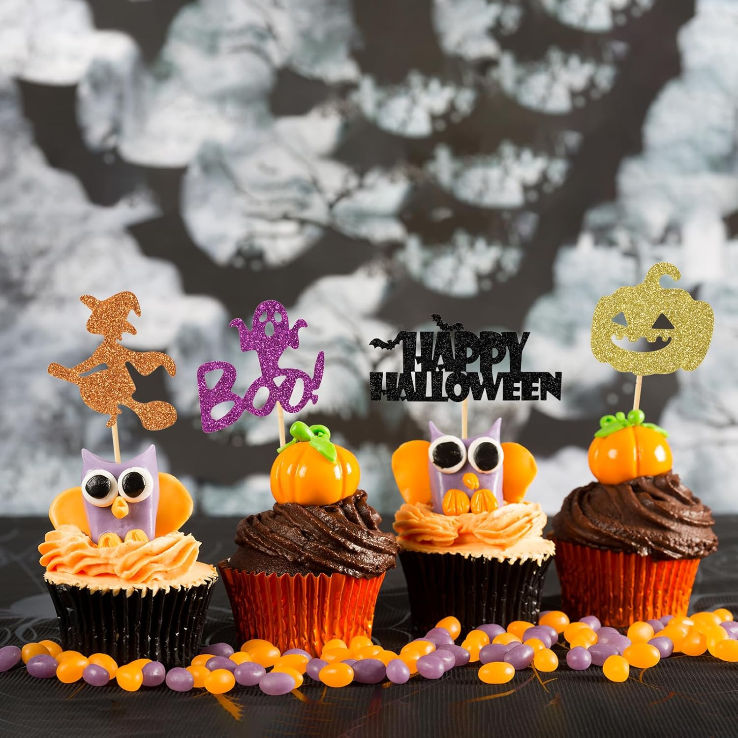 45 PCS Halloween Cupcake Topper Glitter Ghost Boo Witch Hat Bat Pumpkin Spider Cupcake Picks for Baby Shower Kids Birthday Horror Movie Theme Party Cake Decorations Supplies image number 1