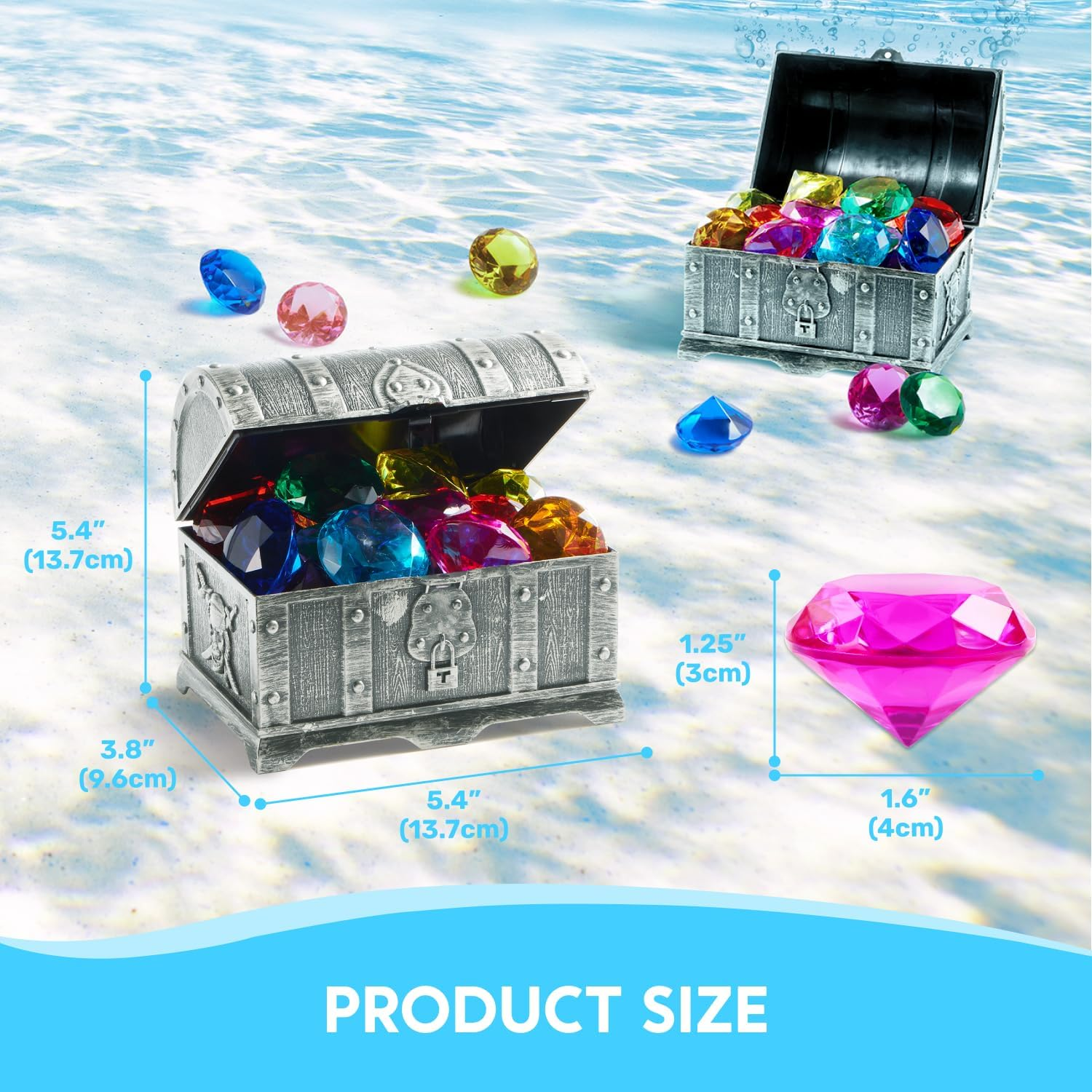 Sloosh Diving Gems Pool Toys,16 Big Colorful Diamond with Pirate Treasure Chest,Swim Dive Toy for Kids Underwater Gemstone Swimming Training Gift Water Toys Pool Games(Silver) image number 4