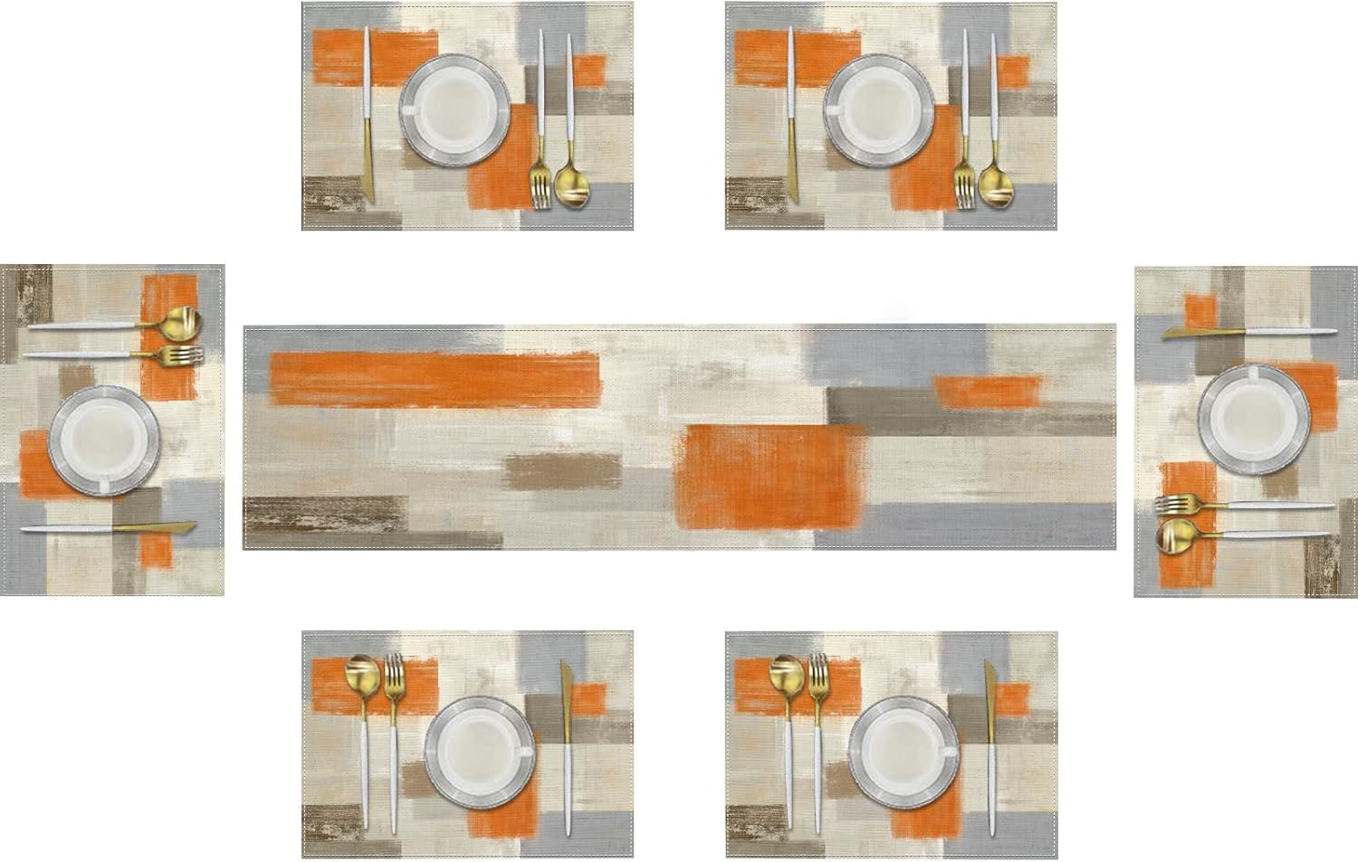 Emvency Farmhouse Table Runner and Placemats Set of 6, Cotton-Linen Modern Orange and White Painting Art Dining Table Decor for Daily Use(1 Table Runner 72Inches Long and 6 Placemats)