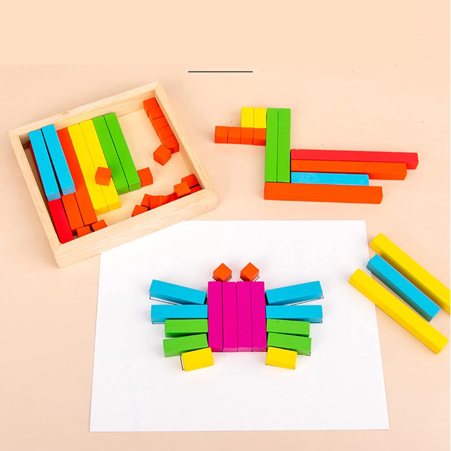 Wooden Cuisenaire Rods Individual Kit, Create Interesting Shapes Counting Sticks Brightly Colored Release Imagination for Counting for Children