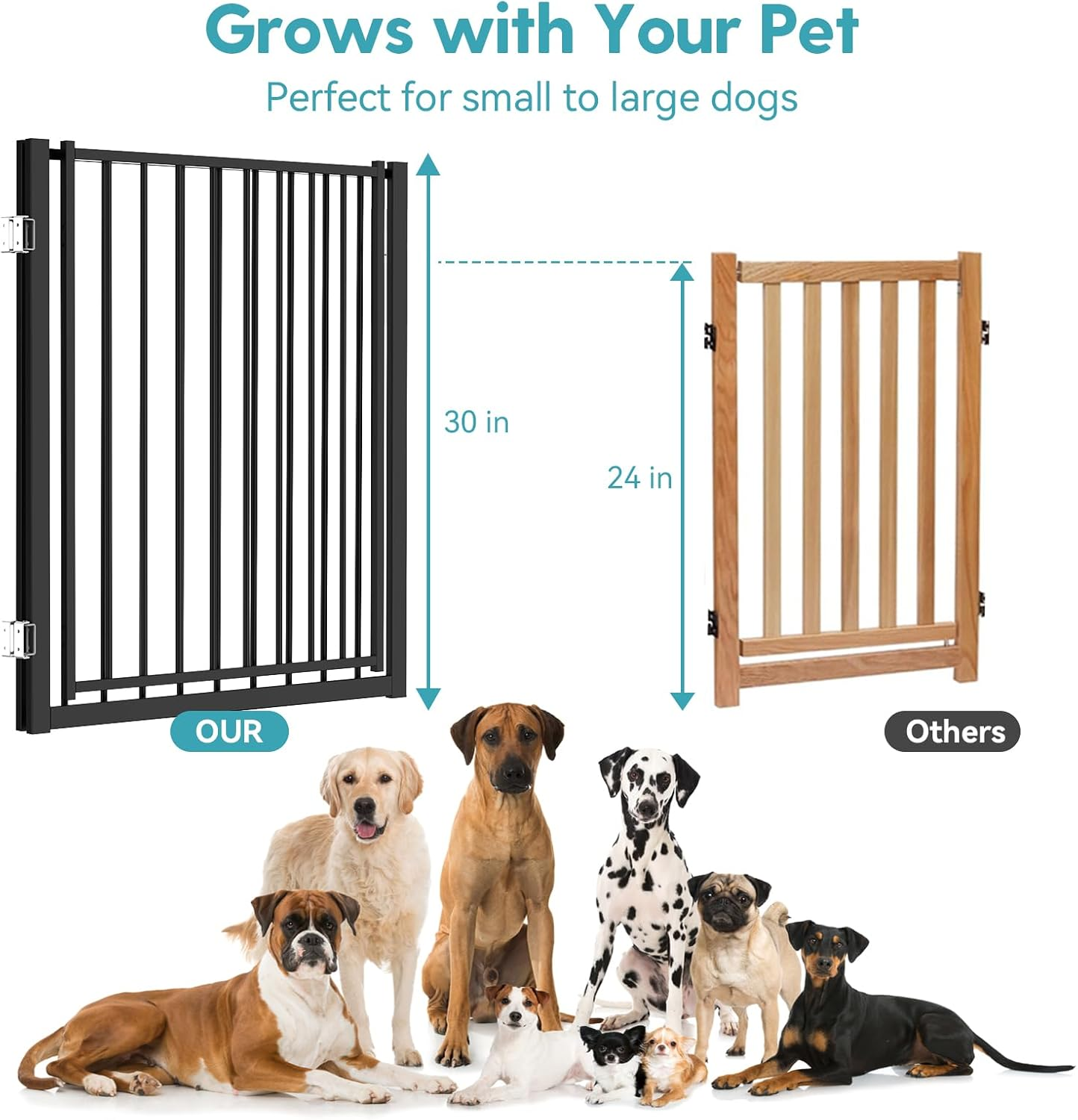 No Pawblems Free Standing Dog Gate with Door, 30'' Tall Foldable Dog Fence for Indoor & Outdoor, up to 104 Inch Extra Wide Puppy Gate for Stairs, Hallways, Doorways, Deck, Yard (Black, 4 Panels) - White image number 7