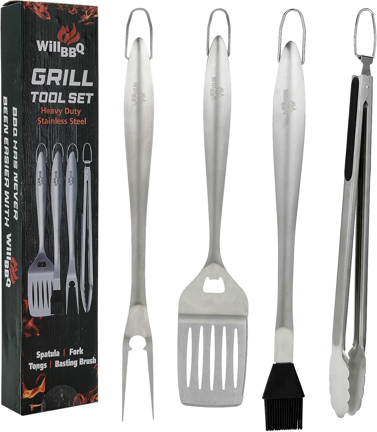 Willbbq 4-Piece BBQ Tool Set &ndash; Stainless Steel Grill Utensils with Tongs, Spatula, Fork & Brush &ndash; Heat-Resistant, Long Handle, Gift Ready image number 4