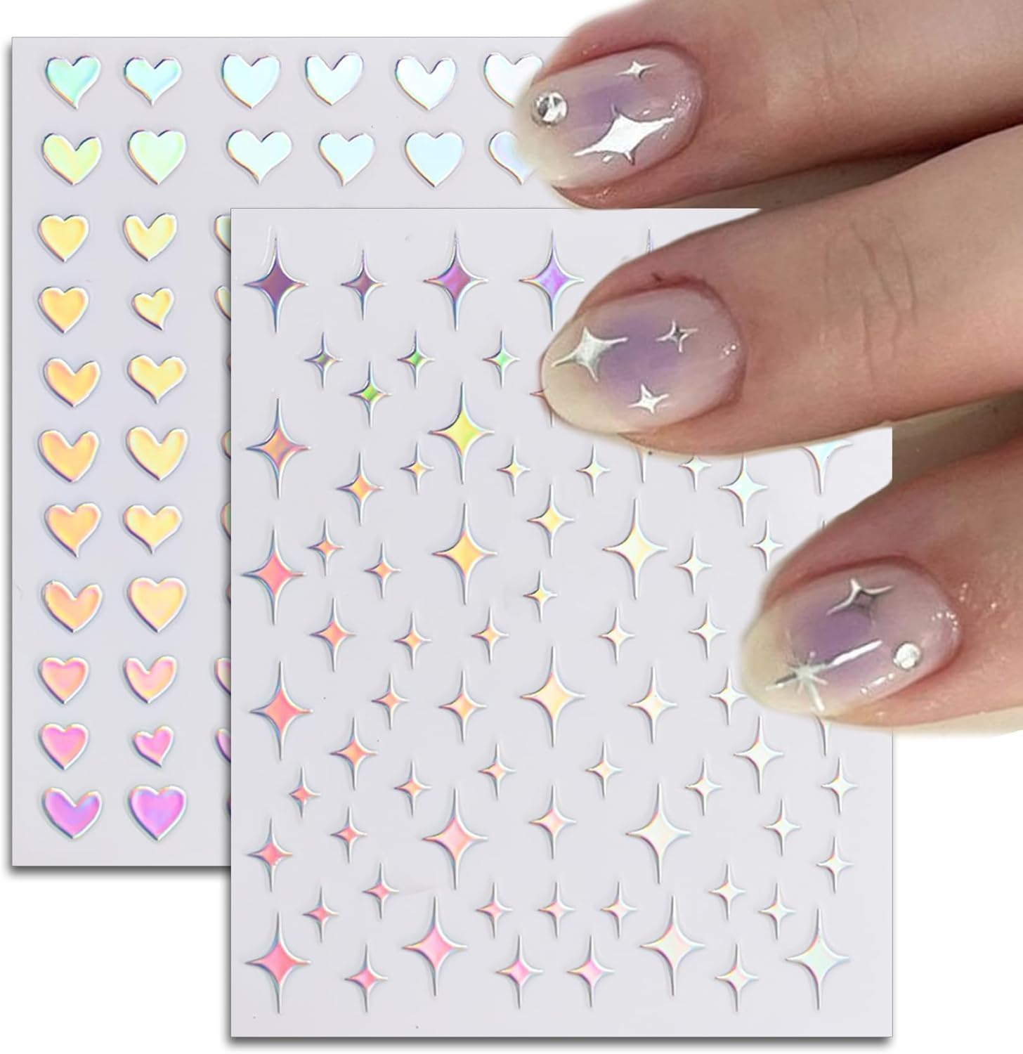 PQCLXUYA 5 Sheets Aurora Nail Art Stickers Decals 3D Self-Adhesive Pegatinas U&ntilde;as Glitter Holographic Star Heart Nail Supplies Nail Art Design Supplies Decoration Accessories for Women (Silver) image number 3