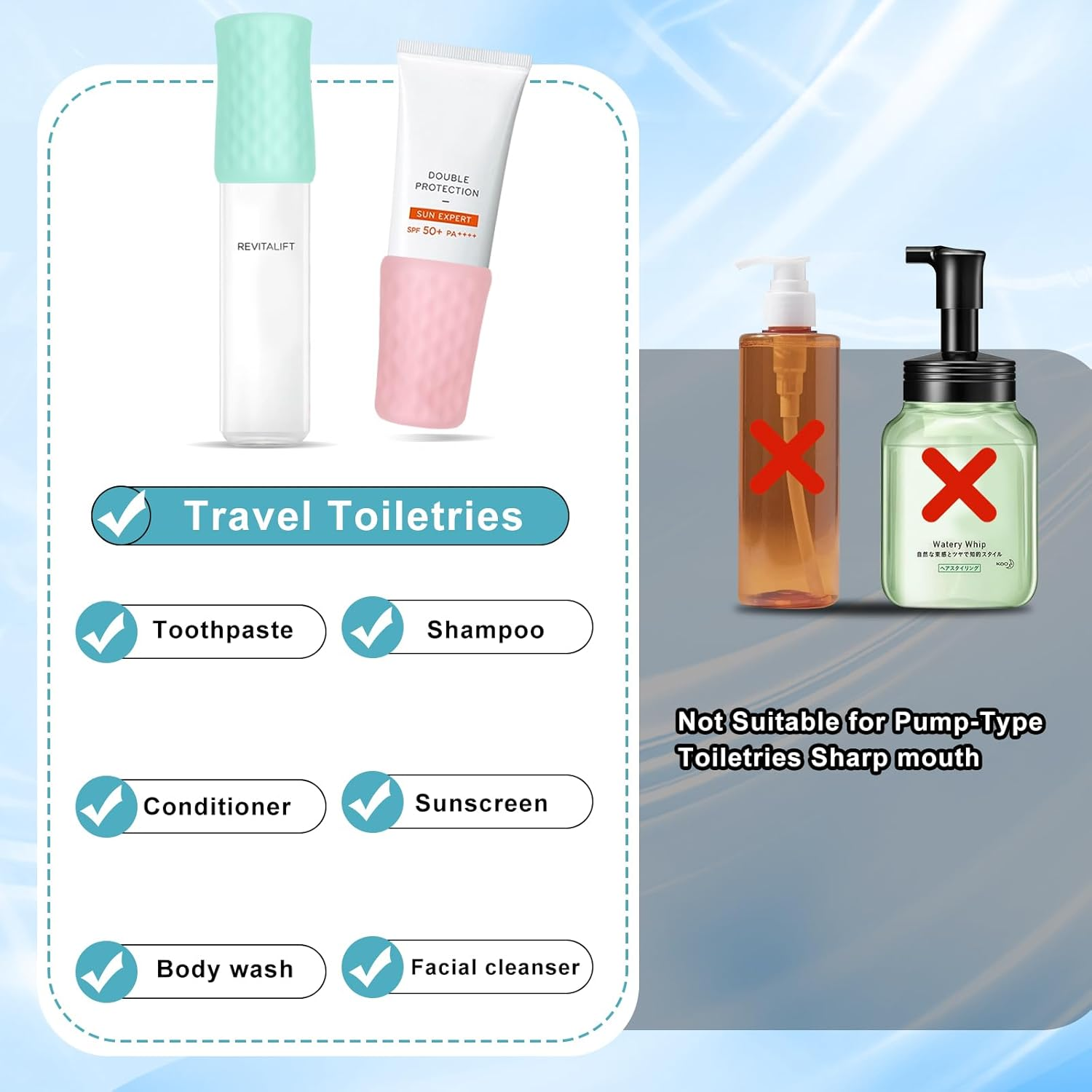 10 Pack Silicone Bottle Covers for Travel, Cruise Essentials for Men and Women, Leaklocks Toiletry Skins for Shampoo, Conditioner, Shower Gel and Other Bottles image number 6