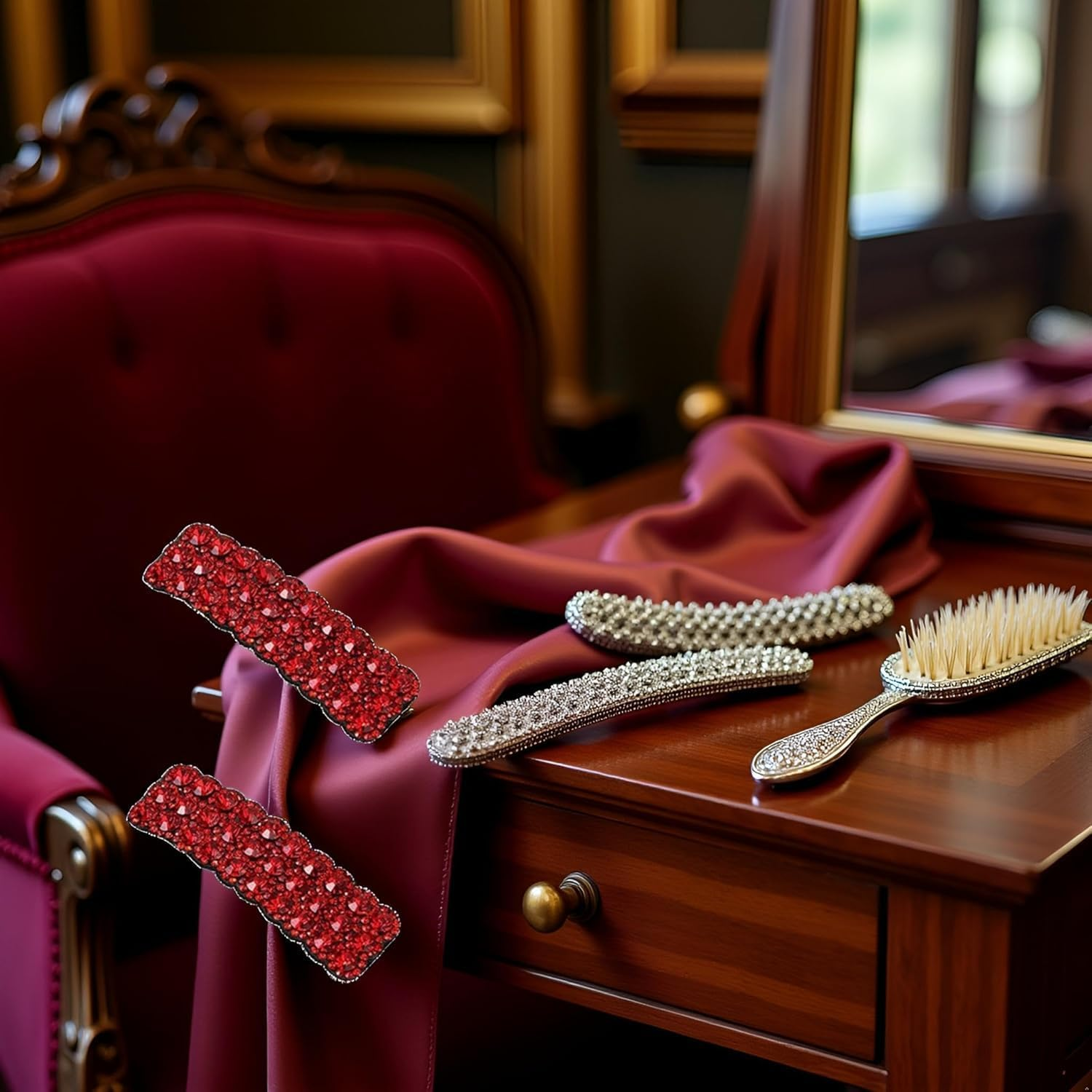 2Pcs Rhinestone Hair Clips, Red Rectangular Barrettes, Korean Style Wedding Hair Accessories for Women Girls