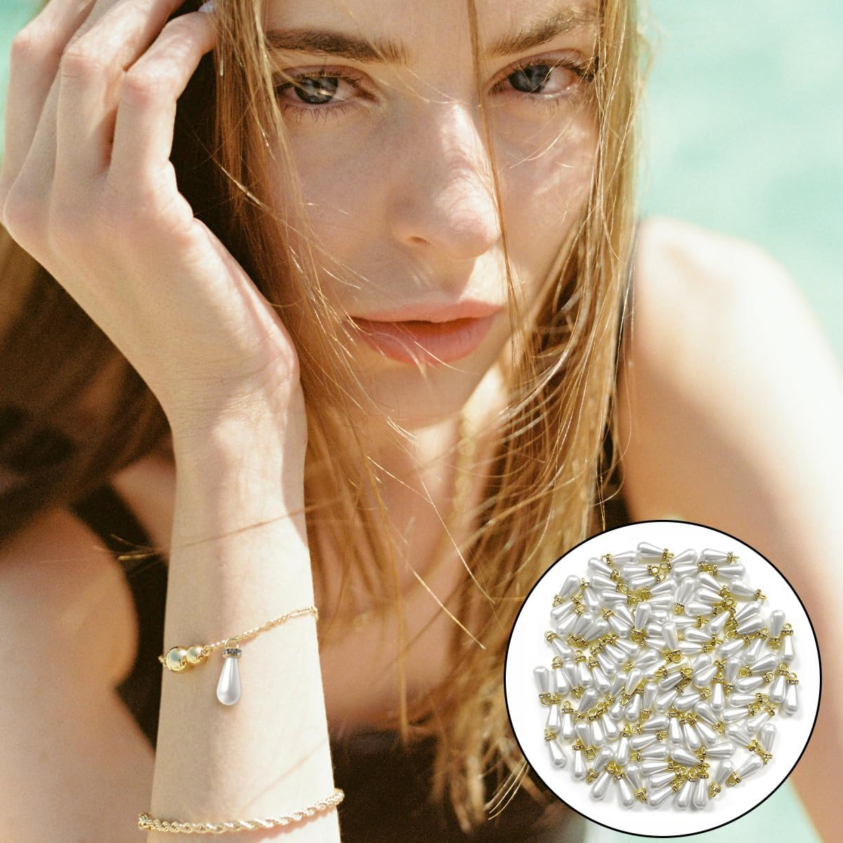 WELANE Drop Pearl Charms, 100 PCS Teardrop Shaped Pearl Pendant with Golden Edge and Rhinestones for Jewelry Making (8 X 15Mm) image number 5