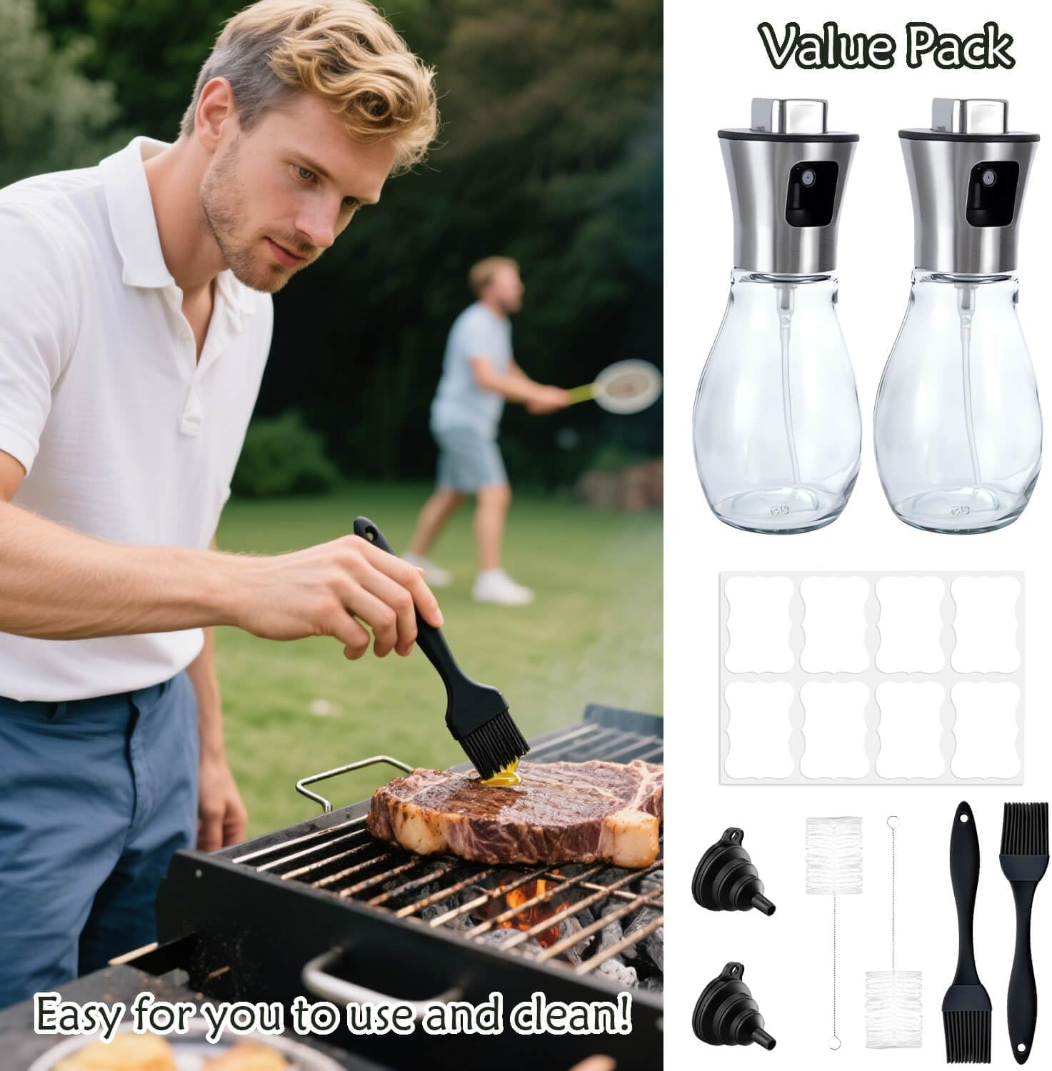 Ptyism Pack of 2 Spray Bottles Oil (Drum with Accessories) Oil Sprayer, Oil Sprayer for Hot Air Fryer, Salad, Grilling, Baking, Kitchen Gadgets image number 3