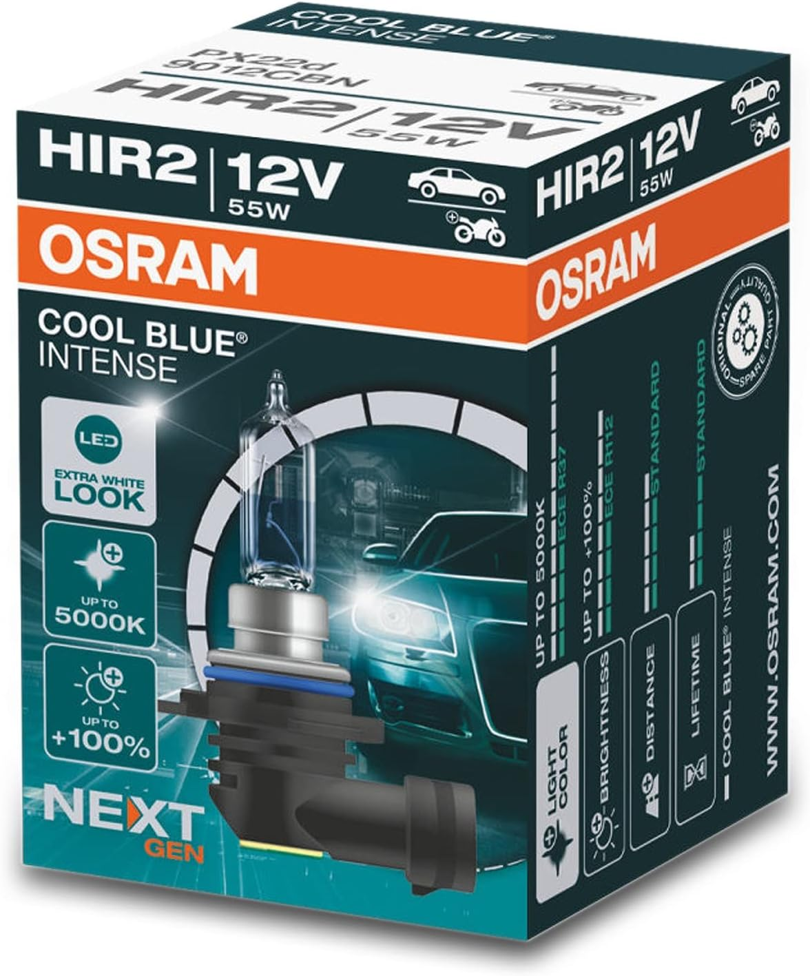 OSRAM Cool Blue&reg; Intense HIR2, +100% More Brightness, up to 5,000 K, Halogen Headlight Lamp, LED Look, Folding Box (1 Lamp) image number 7