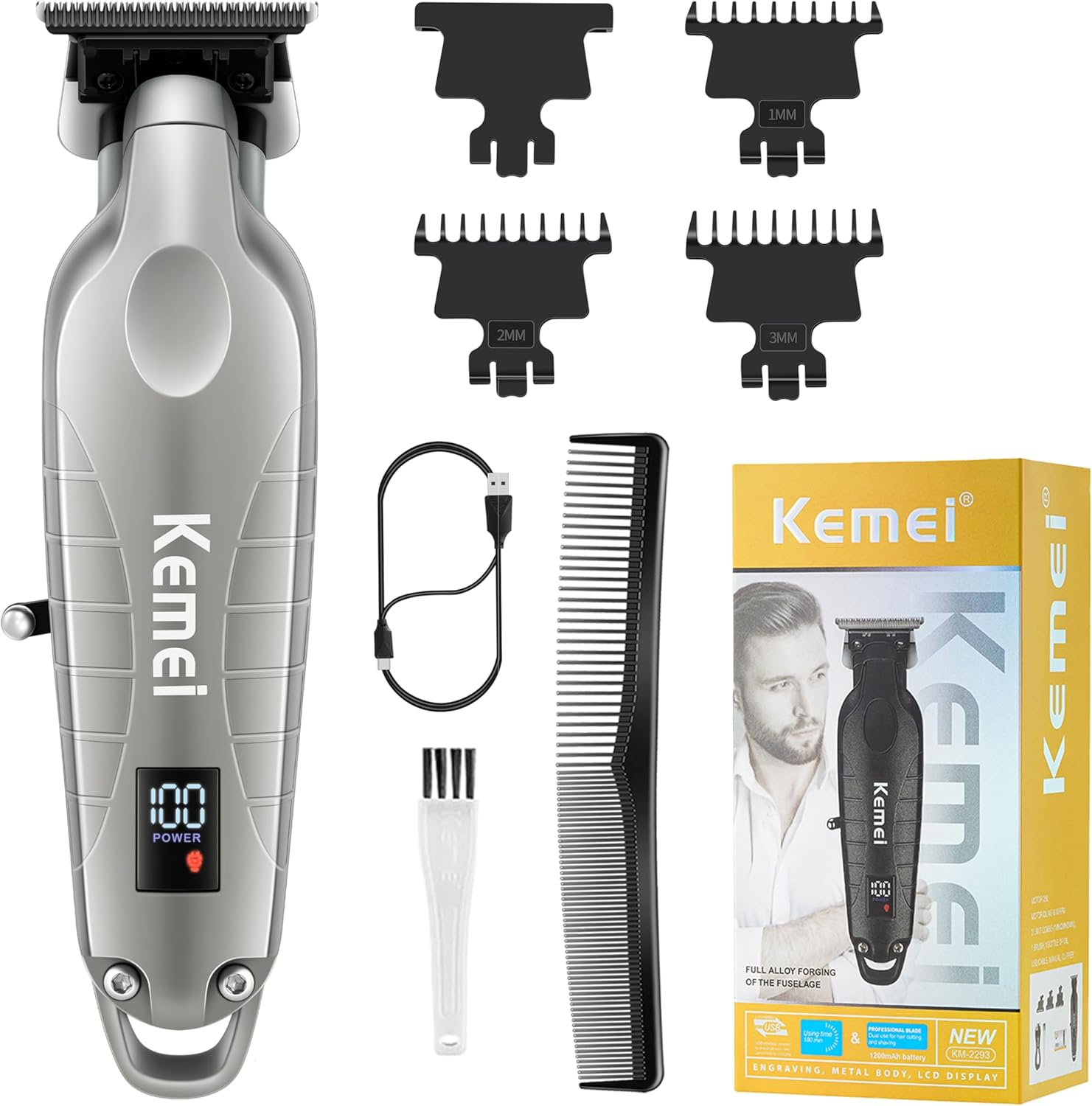 KEMEI 2293 Professional Hair/Beard Trimmer for Men Zero Gapped Hair Clippers for Barber with T Blade, Cordless Rechargeable, Silvery image number 3