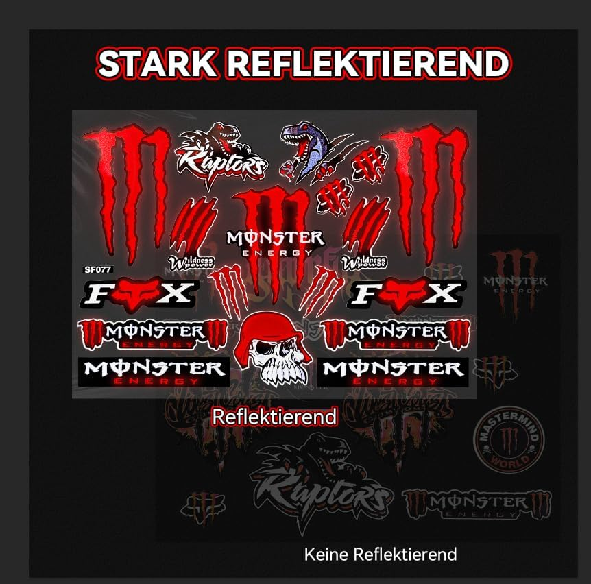 Cretassion Reflective Monster Energy Sticker, Waterproof Sticker Motorcycle Cool, High-Quality Stickers for Motorcycles, Motorcycle Helmet, Skateboard, Car and Off-Road Motorcycles Red image number 2
