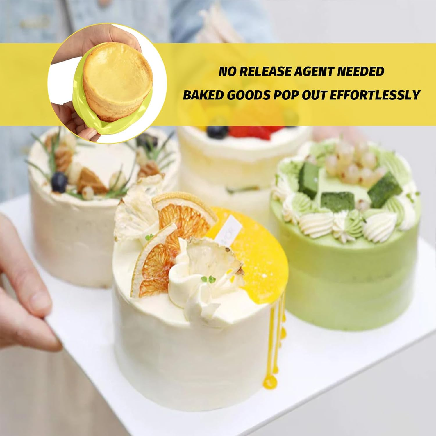 Silicone Moulds Cake Pan, Non-Stick Silicone Baking Moulds for Mini round Cakes, Cheesecake, Brownies, Desserts, Oven, Microwave & Dishwasher Safe (Yellow, 4Inch) image number 3