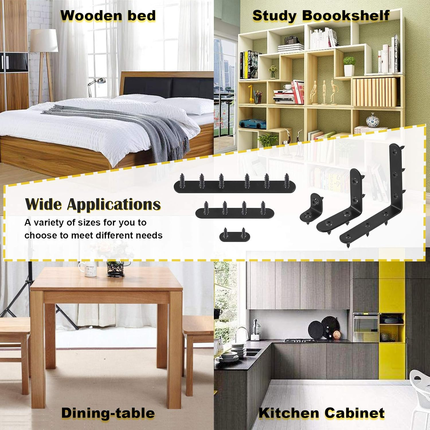 Mardatt 24 Sets Black Corner Braces L Brackets and Straight Braces Mending Plates Heavy Duty Assortment Kit with Screws Fasteners for Wood Shelf Chair Cabinet Furniture (20/50/100Mm,40/100/160Mm) image number 1