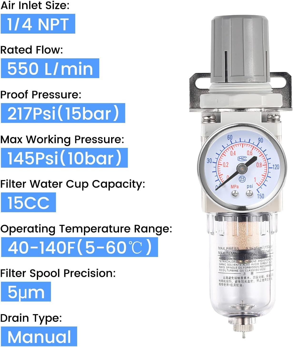 ZHONG an 1/4 Inch NPT Air Filter Pressure Regulator, Water Separator Compressed Air Pressure Regulator for Compressor image number 3