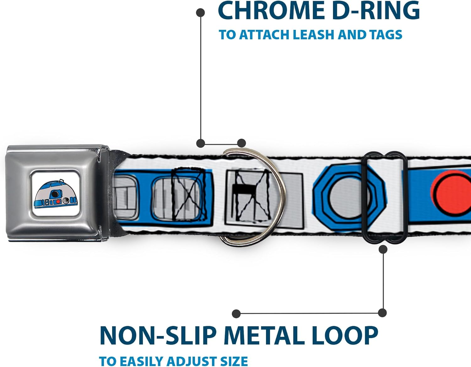 Dog Collar Seatbelt Buckle Star Wars R2D2 Bounding Parts White Black Blue Gray Red 15 to 26 Inches 1.0 Inch Wide image number 6