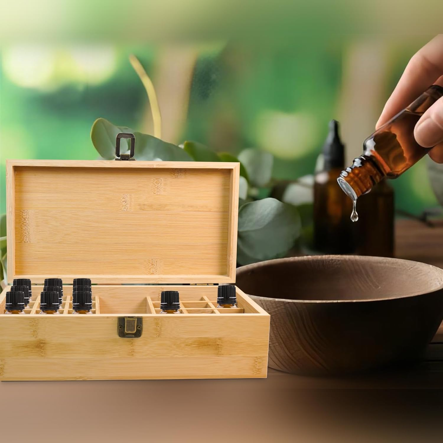Pure Vie Bamboo Essential Oil Storage Box Travel Organizer Case with Bottle Cap Label - Aromatherapy Nail Polish Fragrance Container, Holds 24 Bottle for 5-30Ml - Keep Scented Oil Safe & Space Saver image number 1