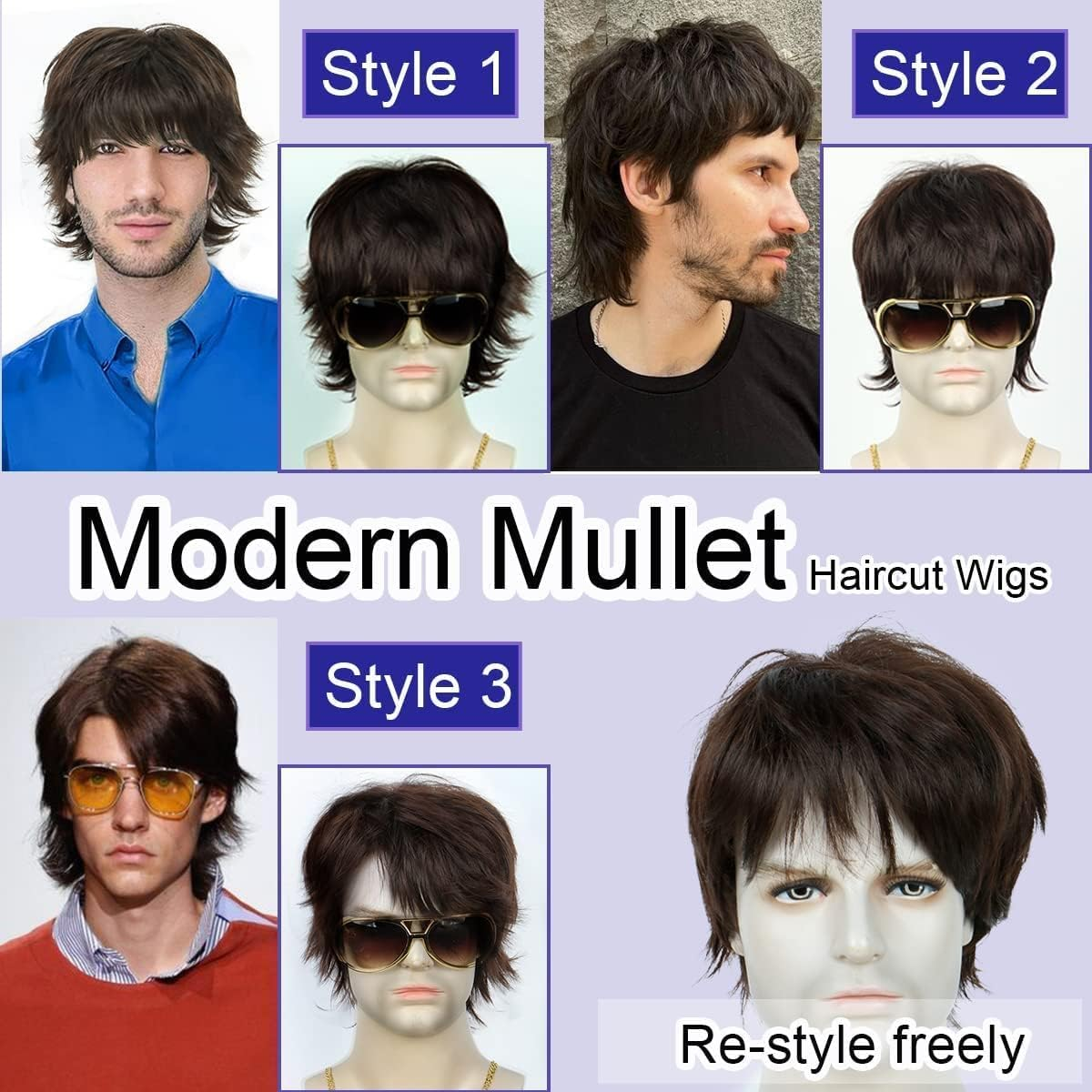 QUEENTAS Short Brown Wig for Men 70S Disco Rocker Punk Wig Mullet Wolf Men Hair Wigs for Daily Cosplay Synthetic Wig image number 3