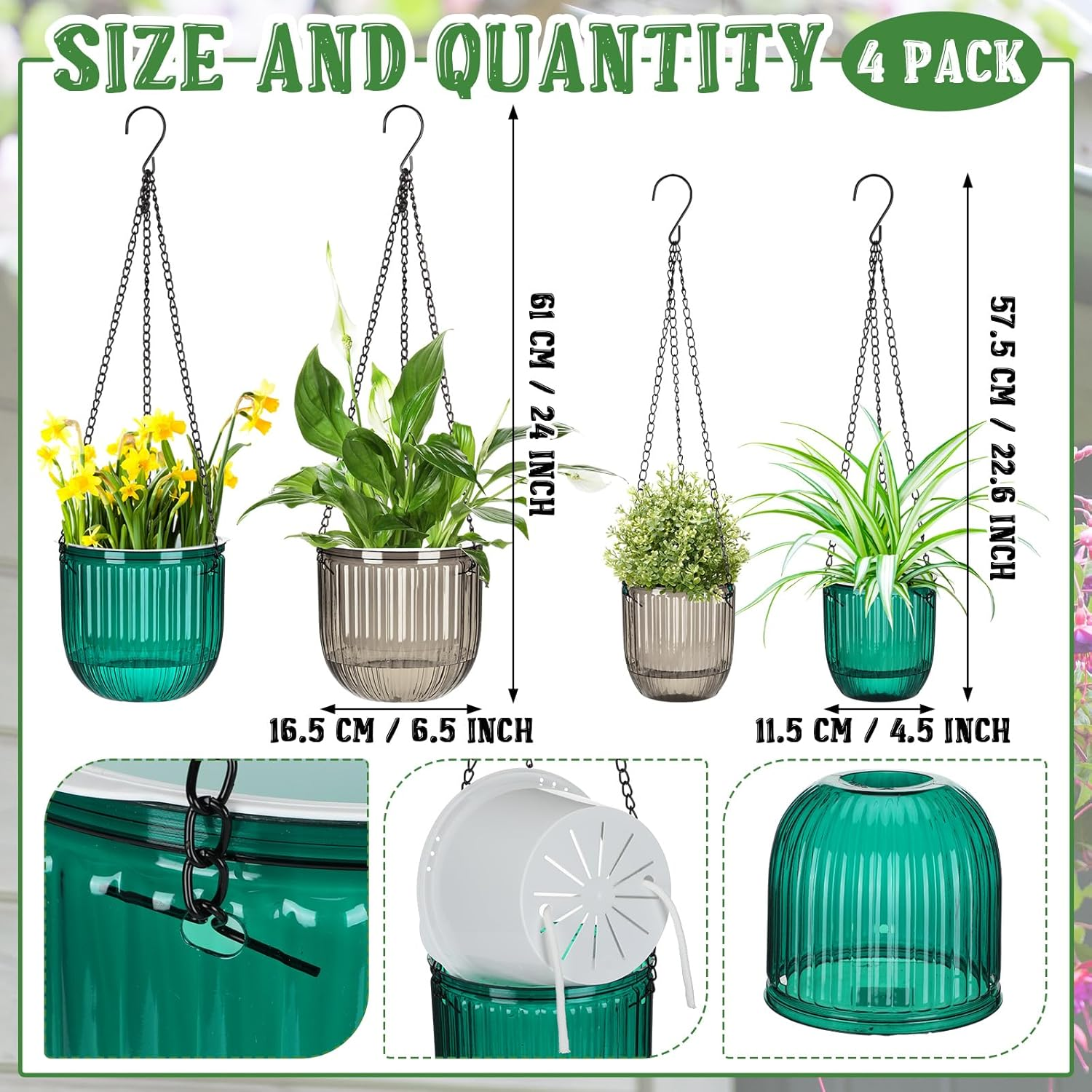 Maxcheck 4 Pcs Self Watering Hanging Planters Indoor Gift 6.5'' 4.5'' Hanging Flower Pots Baskets Outdoor Self Watering Plant with 3Hooks Drainage Holes for Home(Emerald,Grey) image number 3