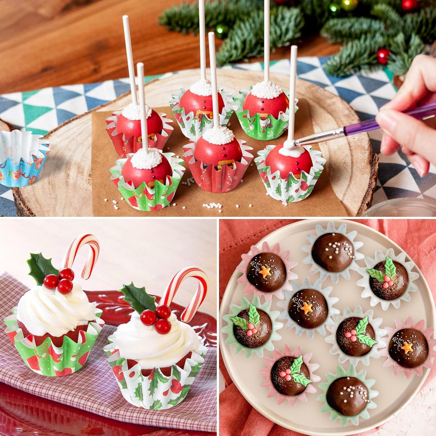 Cocnny Christmas Mini Cupcake Liners - 200Pcs Xmas Small Baking Cups Muffin Cupcakes Wrapper, Santa Snowman Disposable Grease-Resistant Cake Candy Making Wrap Paper for Christmas Eve Party (10 Styles) image number 5