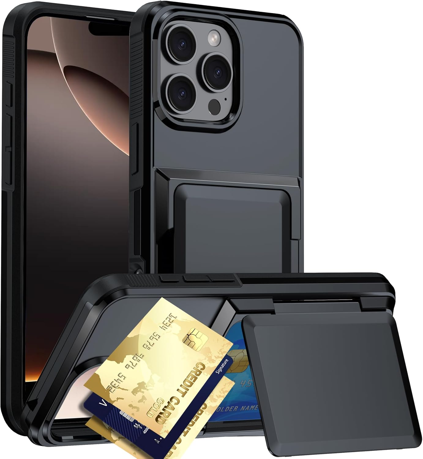 For Iphone 16 Pro Case with Credit Card Holder (3 Cards) &Kickstand, Military Grade Drop Protection, Rugged Hard Back for Iphone 16 Pro Wallet Phone Case, 6.3" 2024 image number 3