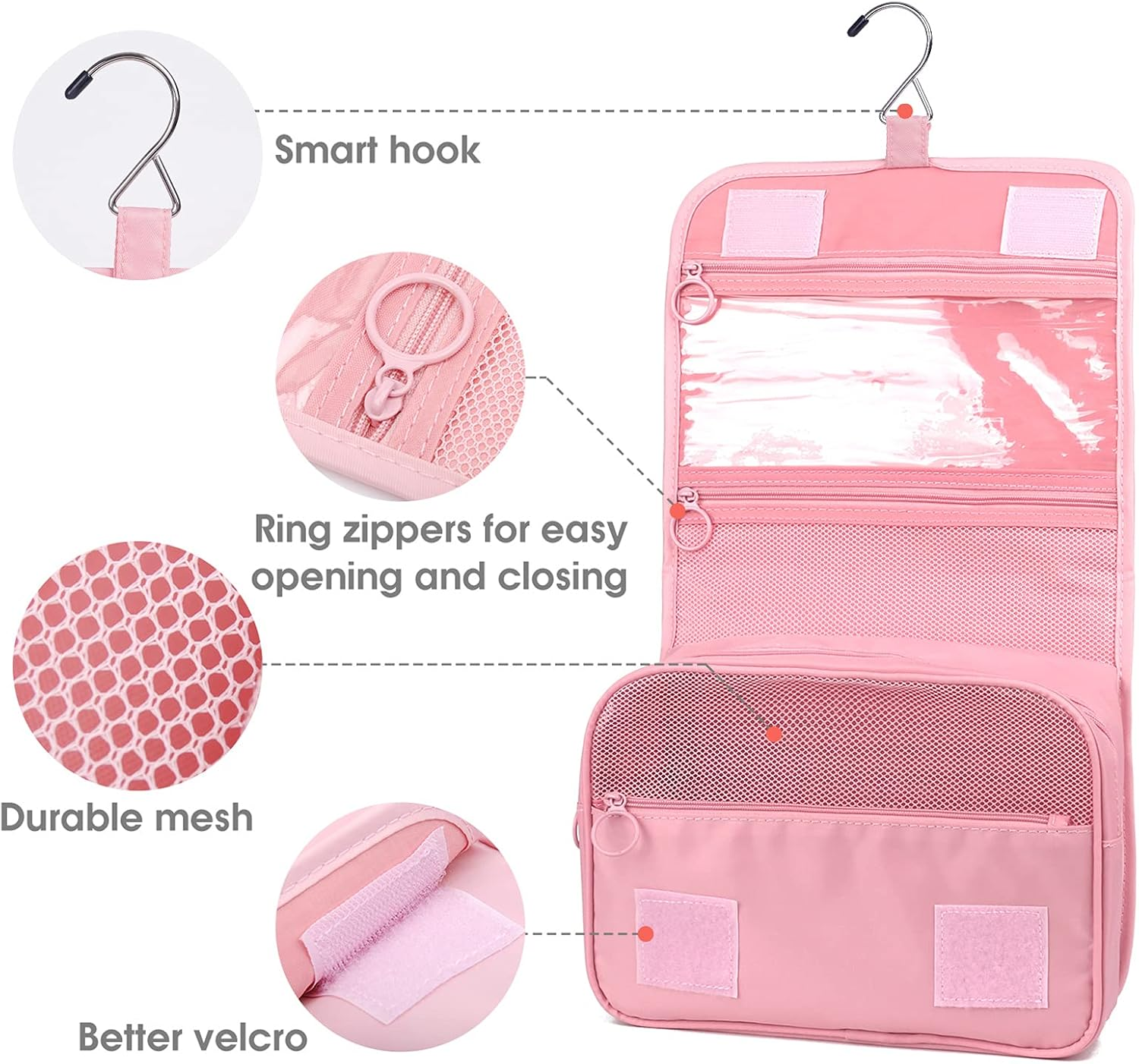 Narwey Small Hanging Travel Toiletry Bag for Women, Travel Bag for Toiletries, Makeup Bag Organizer Make up Bags Cosmetic Bags for Girls, Pink, 1 Count (Pack of 1) image number 4